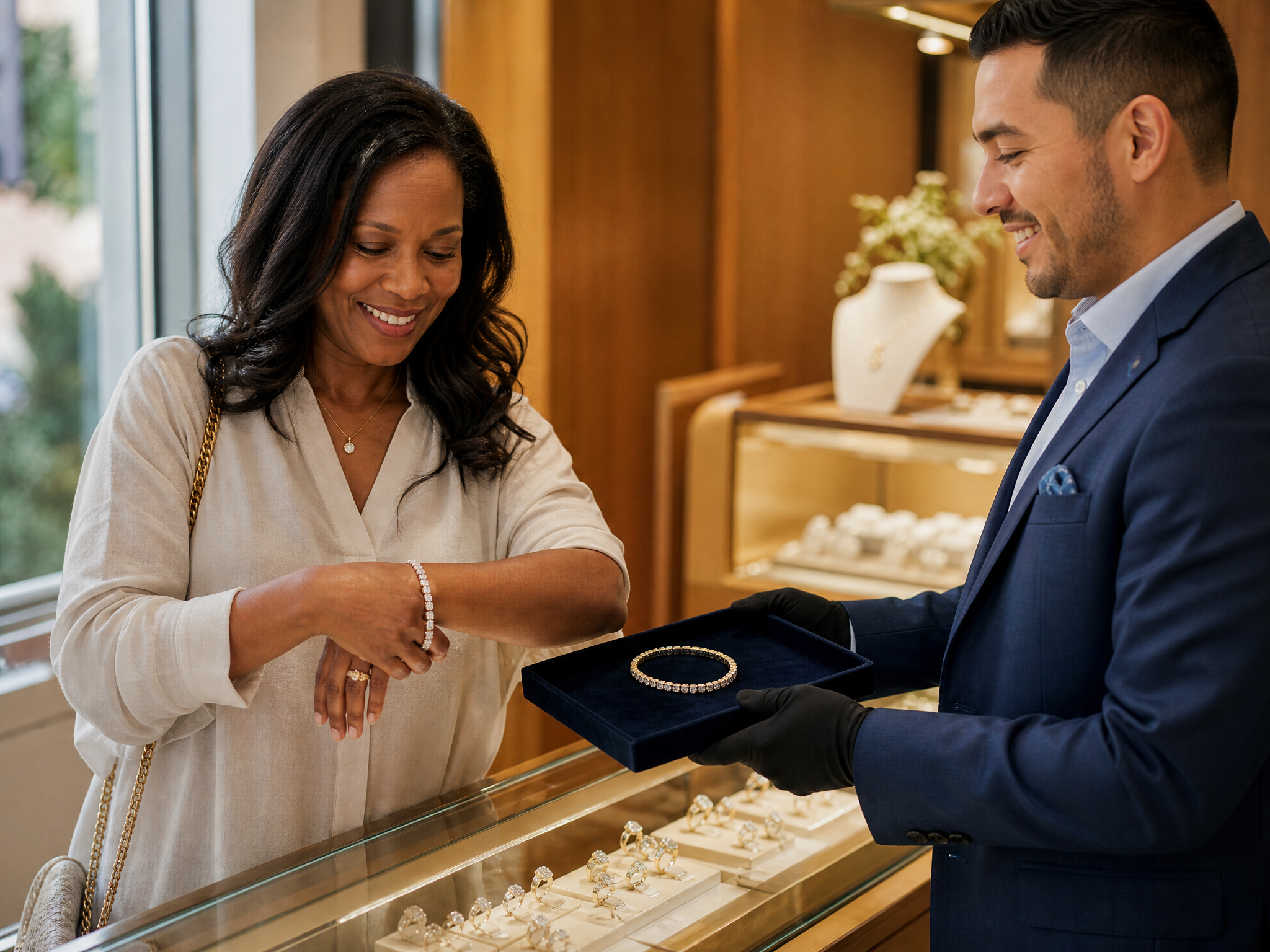 Client admiring a bracelet on her wrist while the jewelry associate presents a bolder option on a tray
