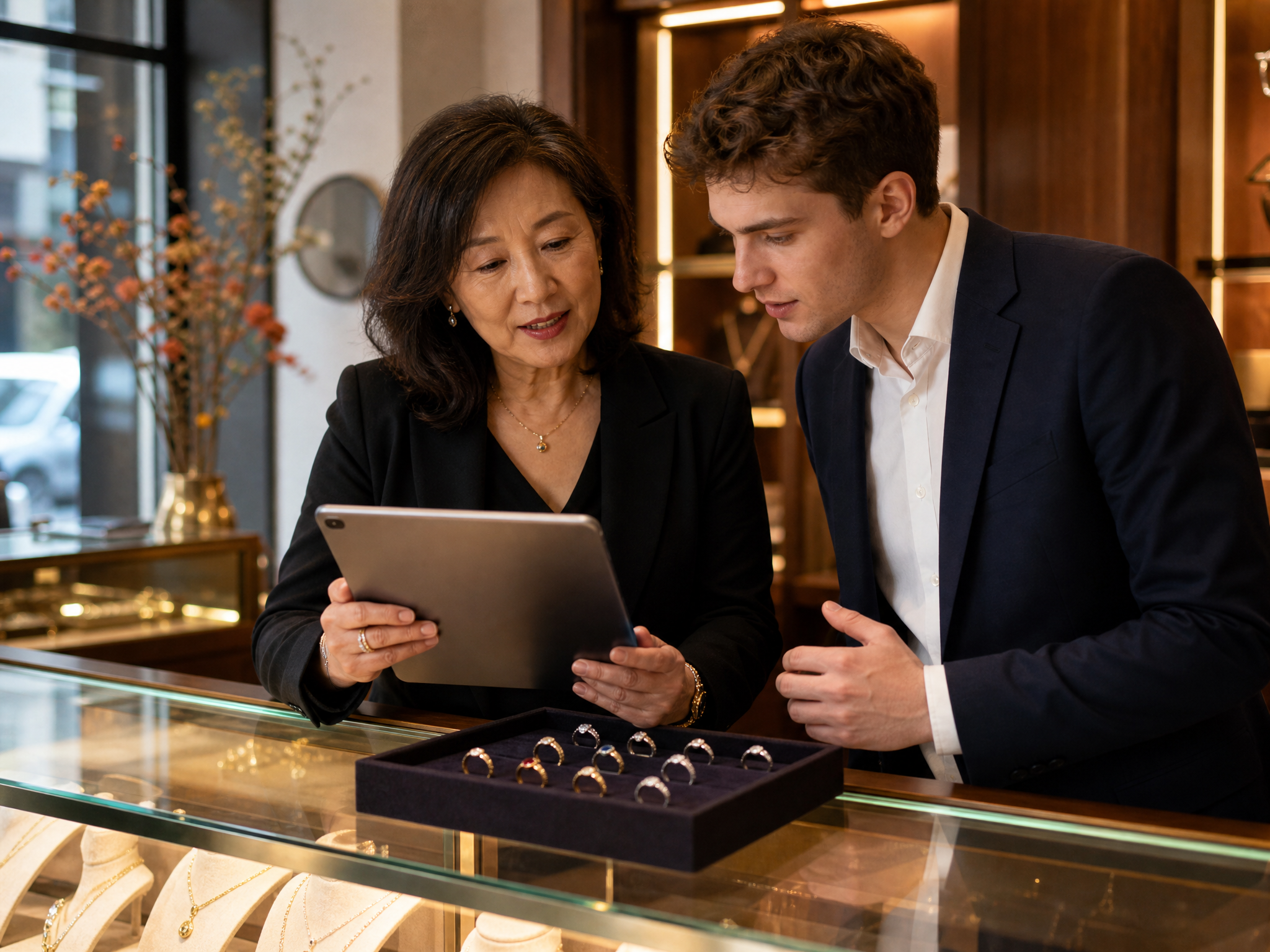 Jewelry store manager and associate reviewing engagement numbers on a tablet at the display counter