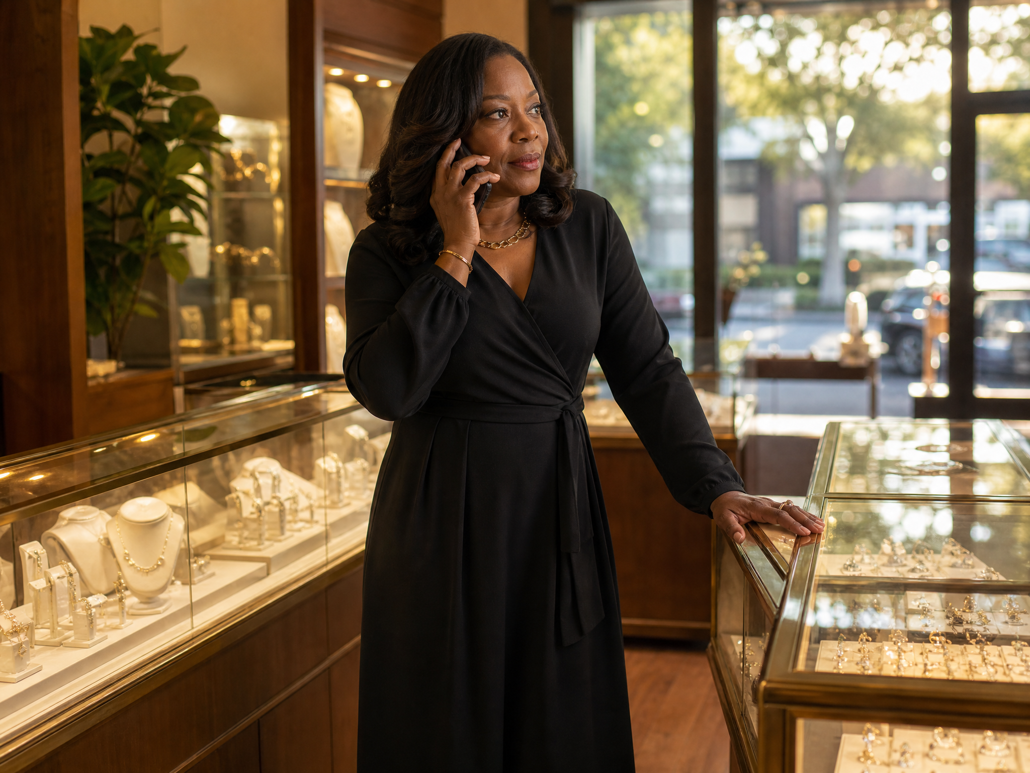 Jewelry store manager standing between display cases with a second storefront visible through the window