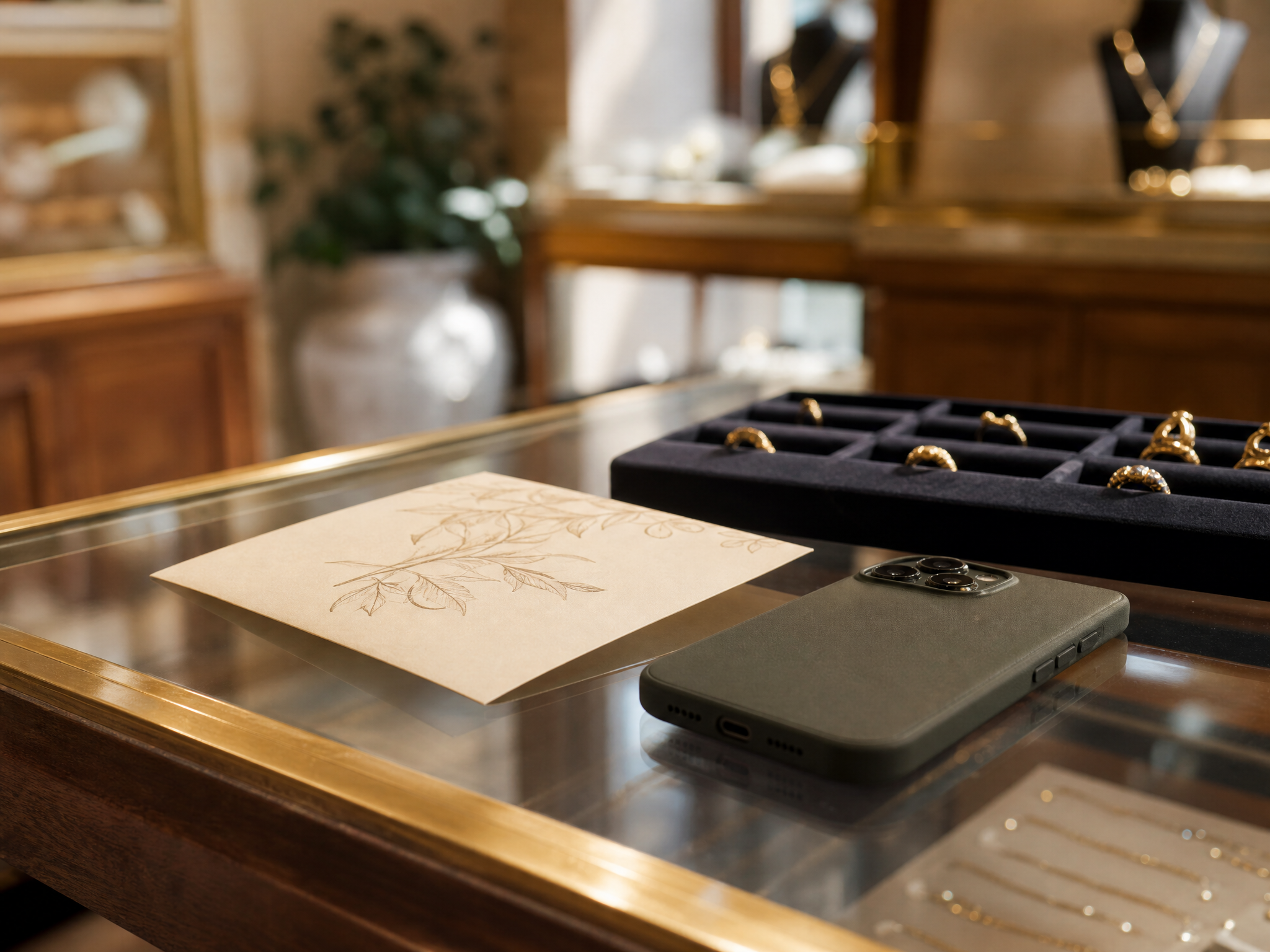 A printed invitation card with a botanical illustration lies on a jewelry display case beside a phone placed face down and a tray of gold rings