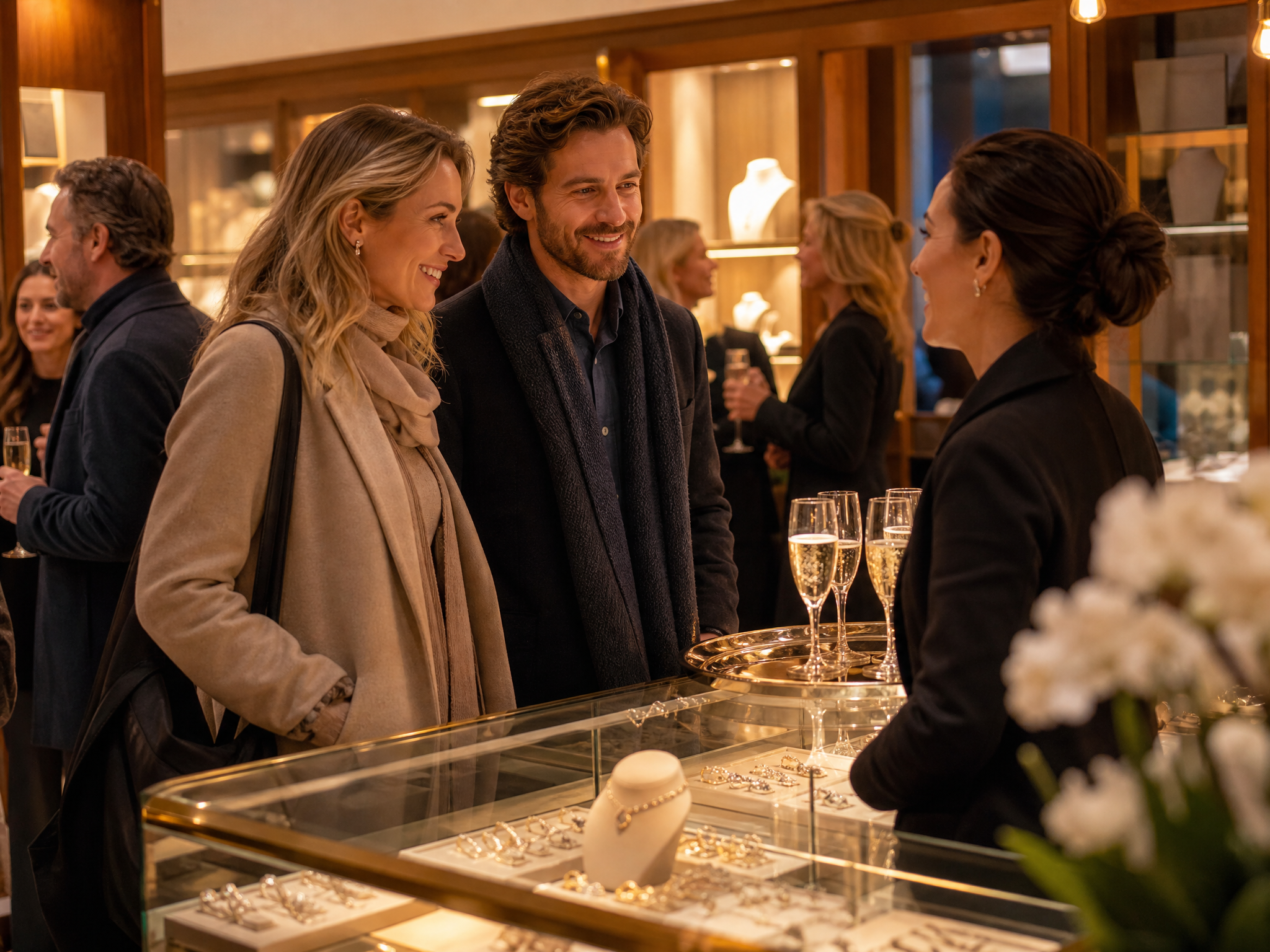 A couple talks with a jewelry store associate across a display case at an in-store event, with champagne glasses on a tray nearby