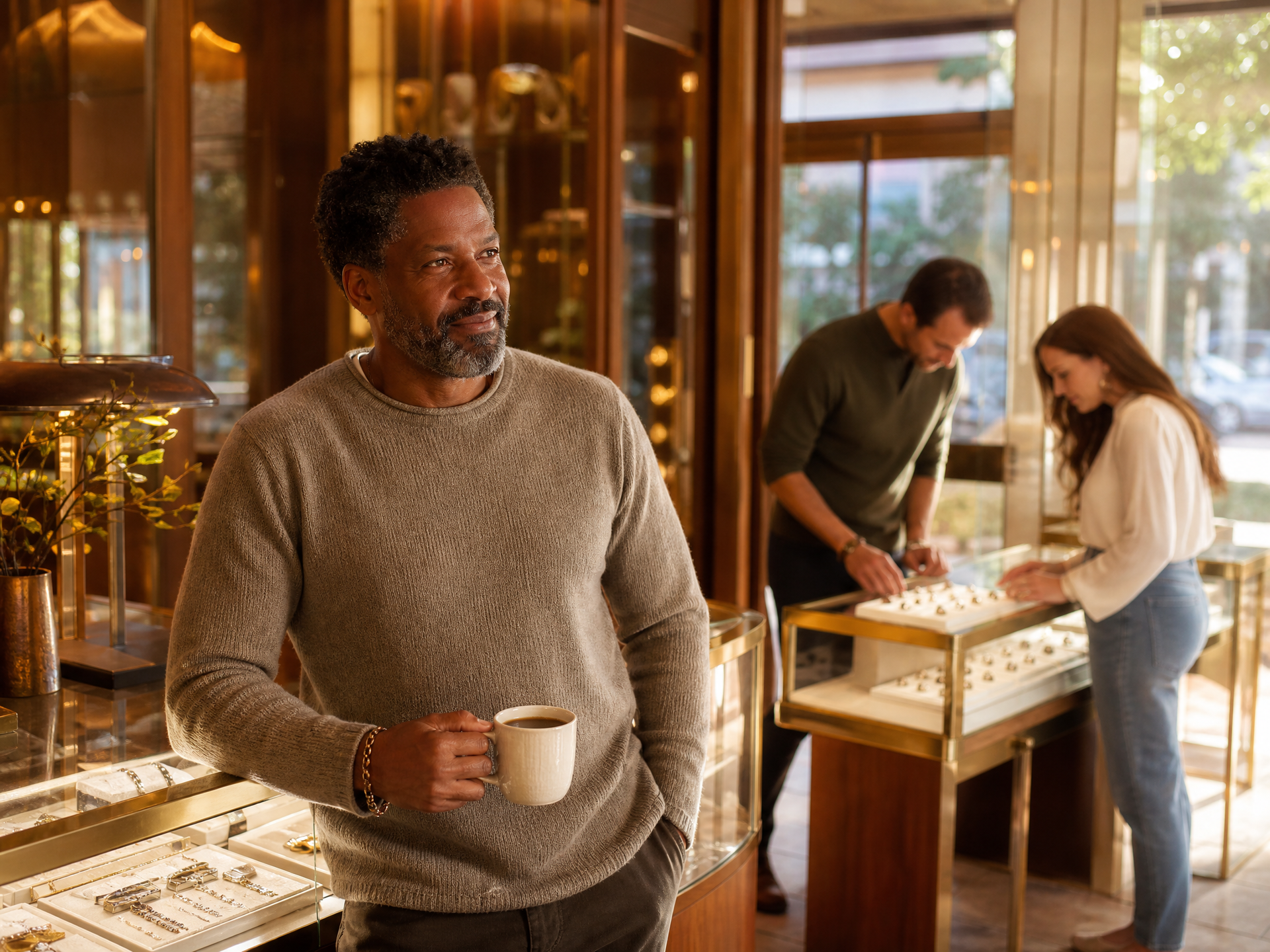 A store owner holds a cup of coffee in a jewelry store while a couple browses a display case in the background