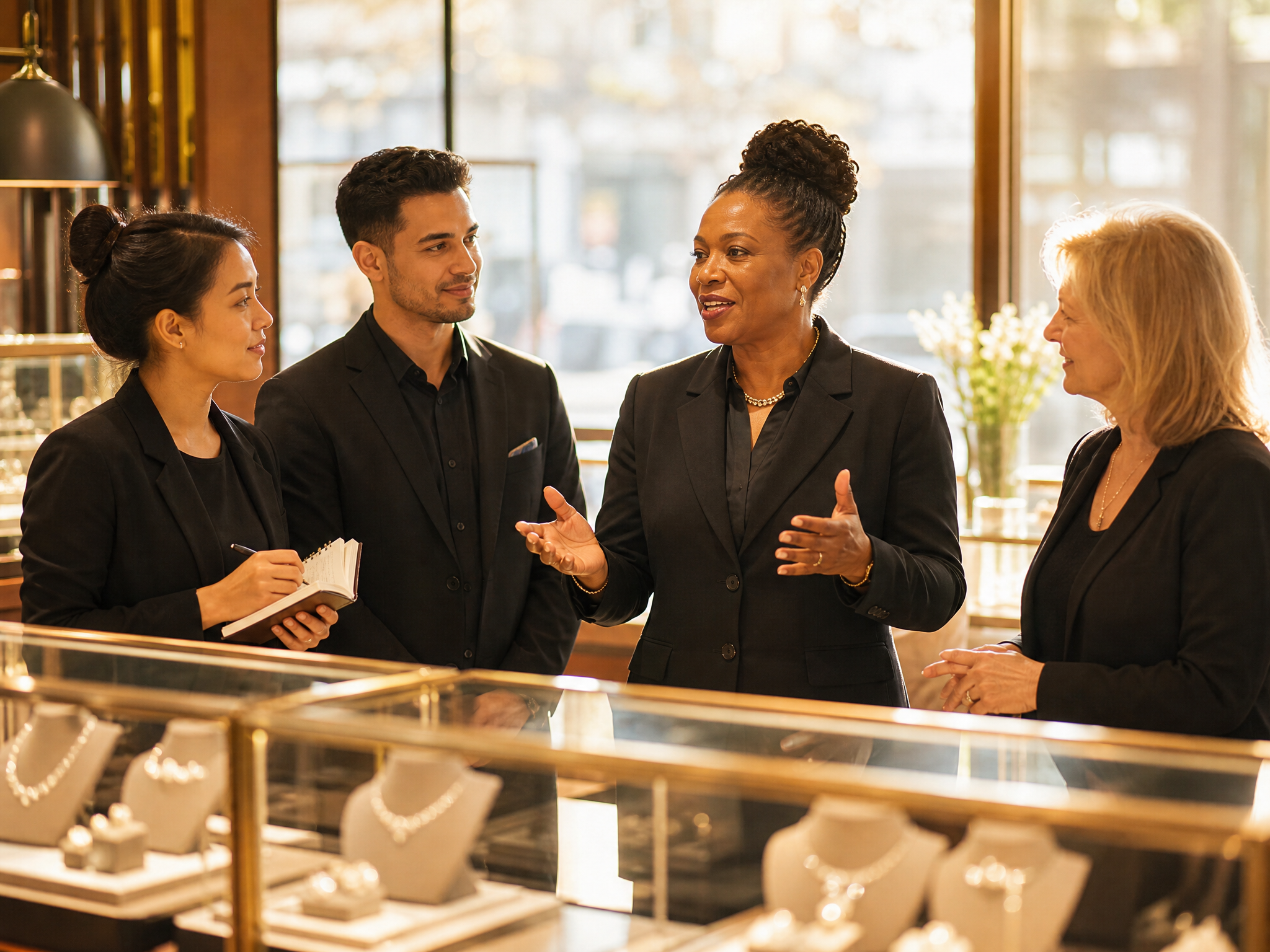 Jewelry store manager talking through the day's plan with sales associates around a display case