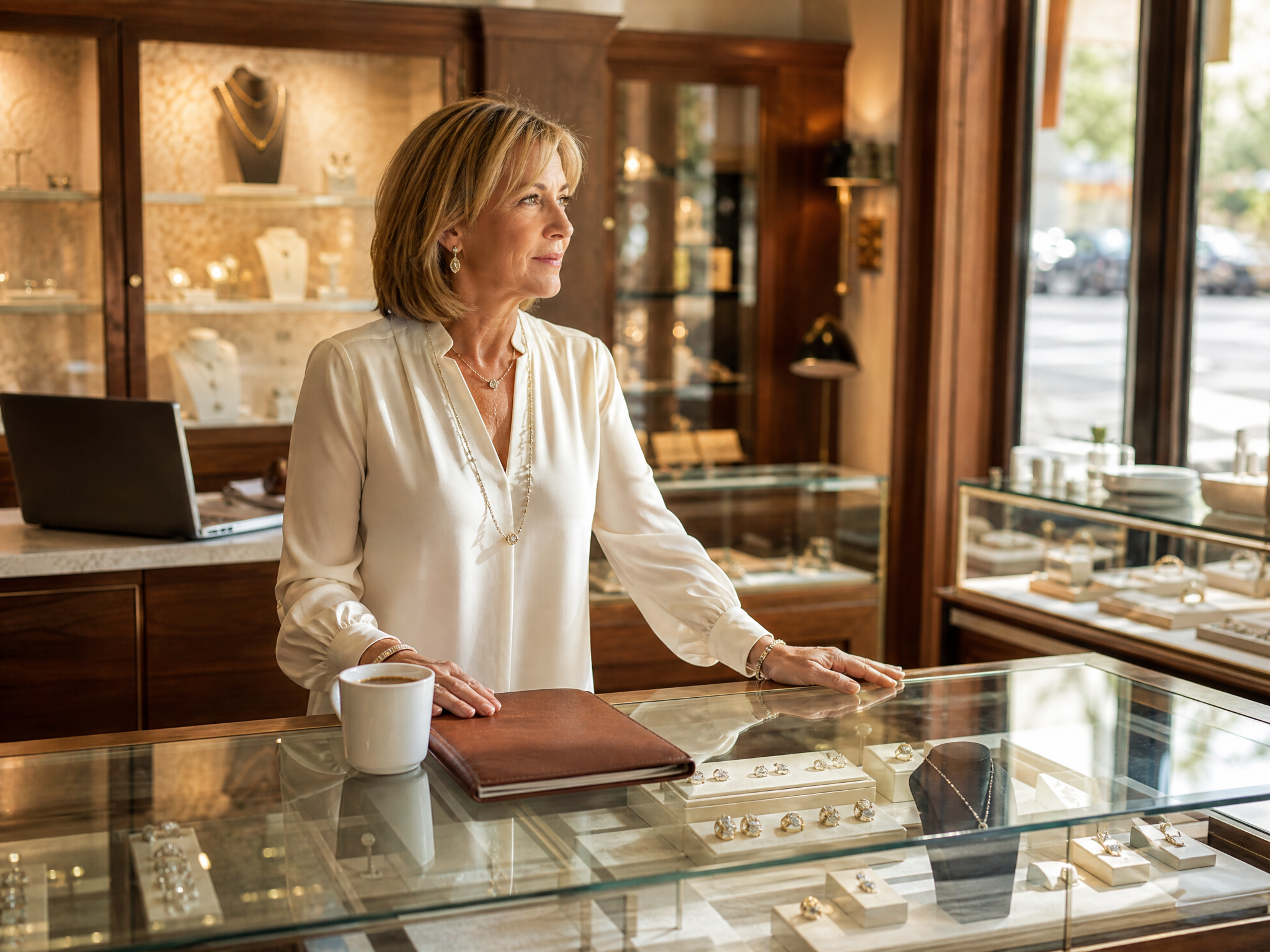 Jewelry store owner standing at the display counter with a planner and coffee, looking out the front window