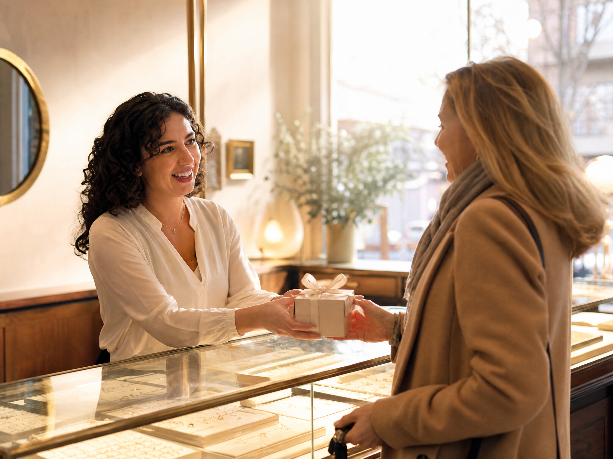 Jewelry store associate handing a customer a wrapped jewelry box across the display counter