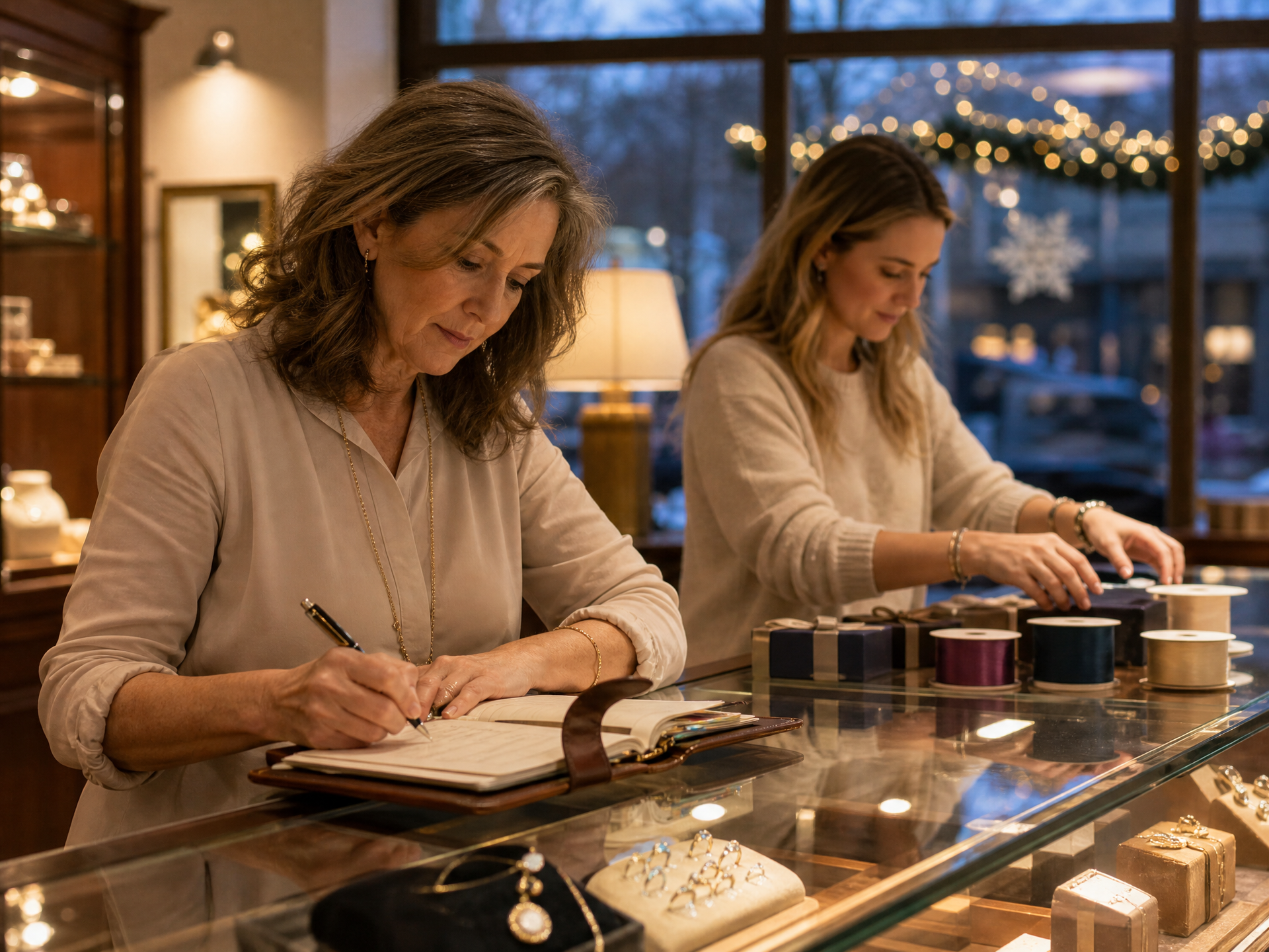 A jewelry store owner writes in a planner at a display case while an associate arranges gift boxes and spools of ribbon along the counter, with holiday lights visible through the window at dusk.