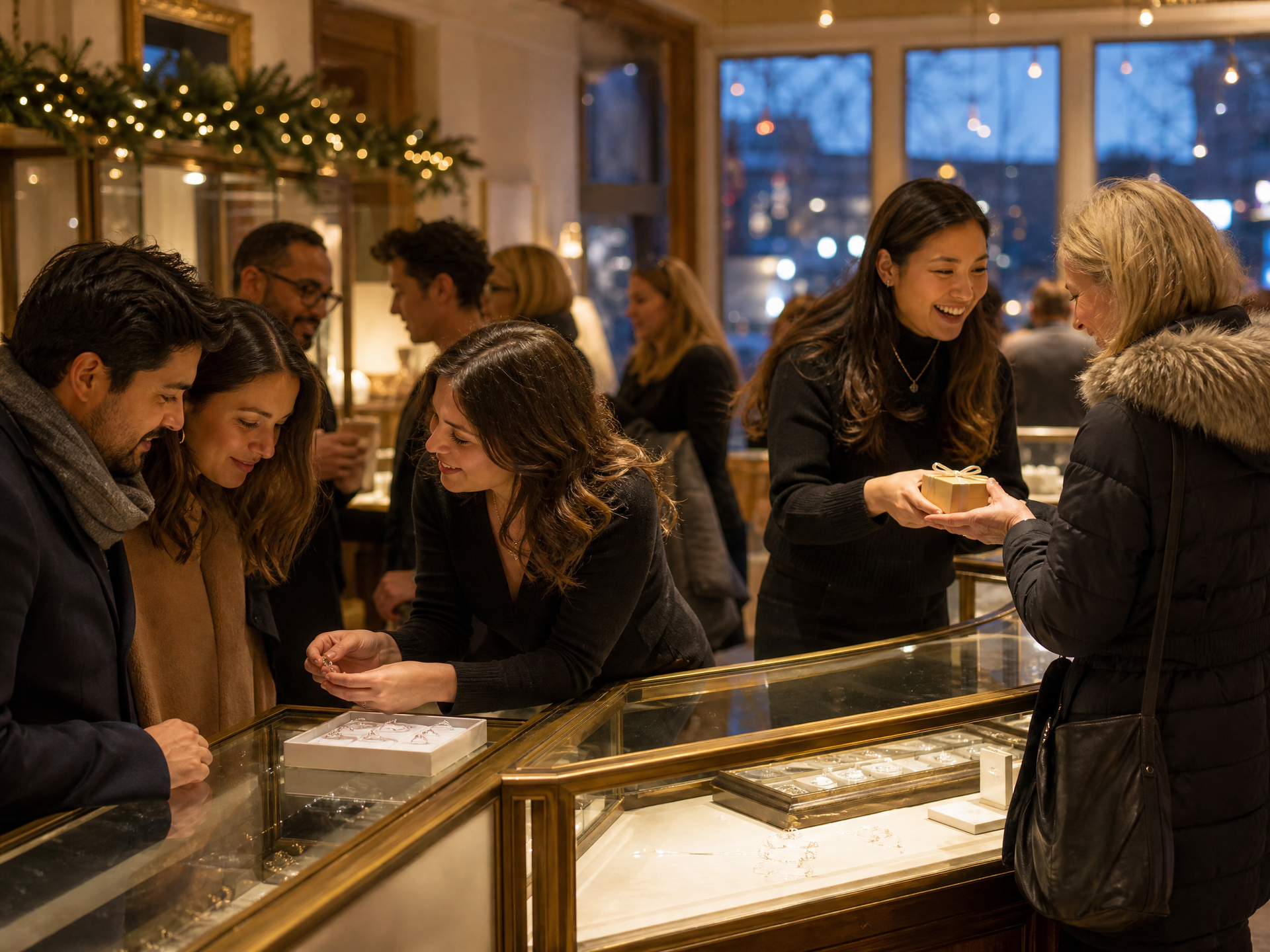 Two jewelry store associates help customers at display cases in a busy store, one showing a ring to a couple and the other handing a wrapped gift box to a shopper.