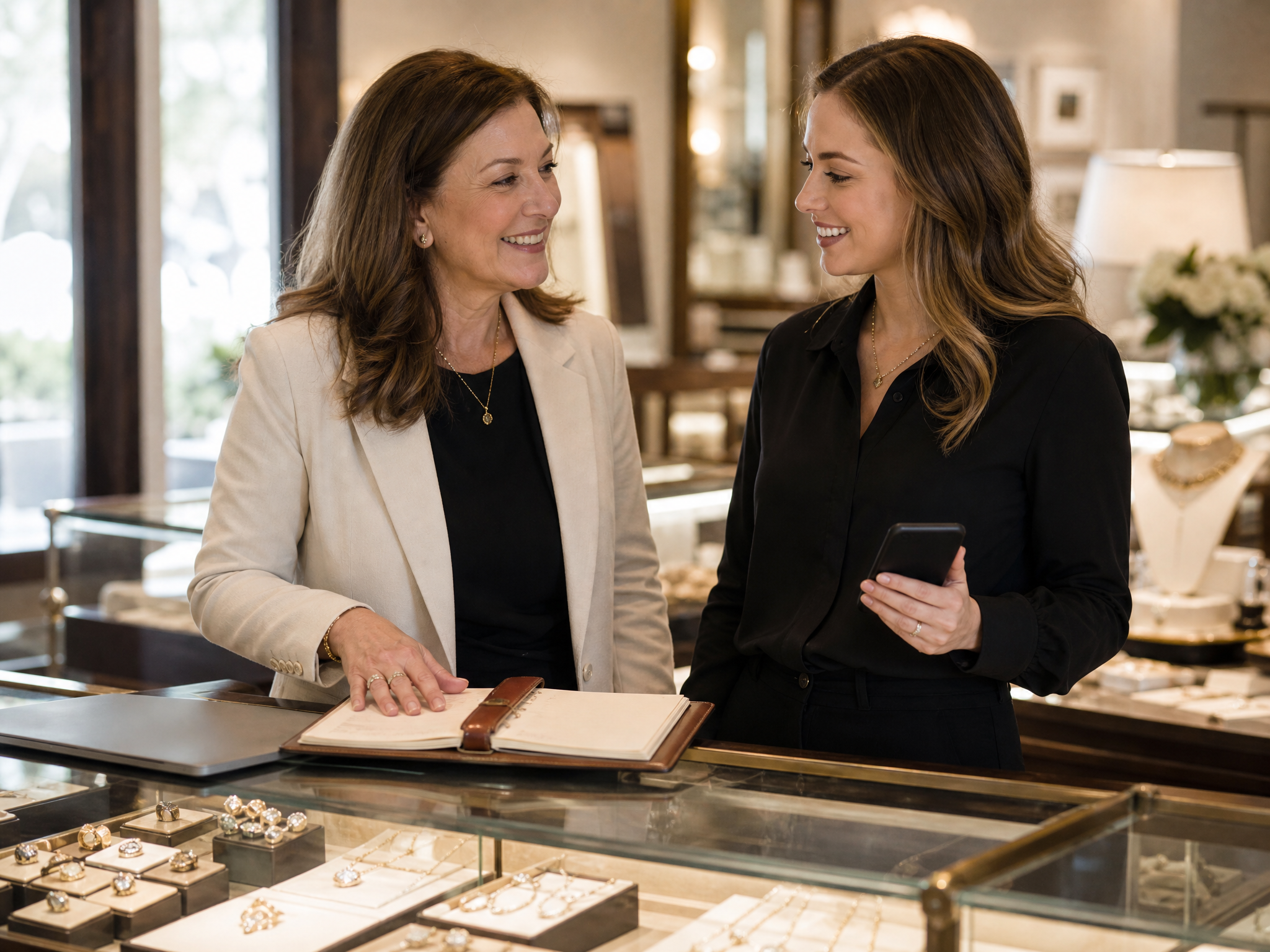 Jewelry store owner and sales associate reviewing a paper client book and phone contacts together at the store counter