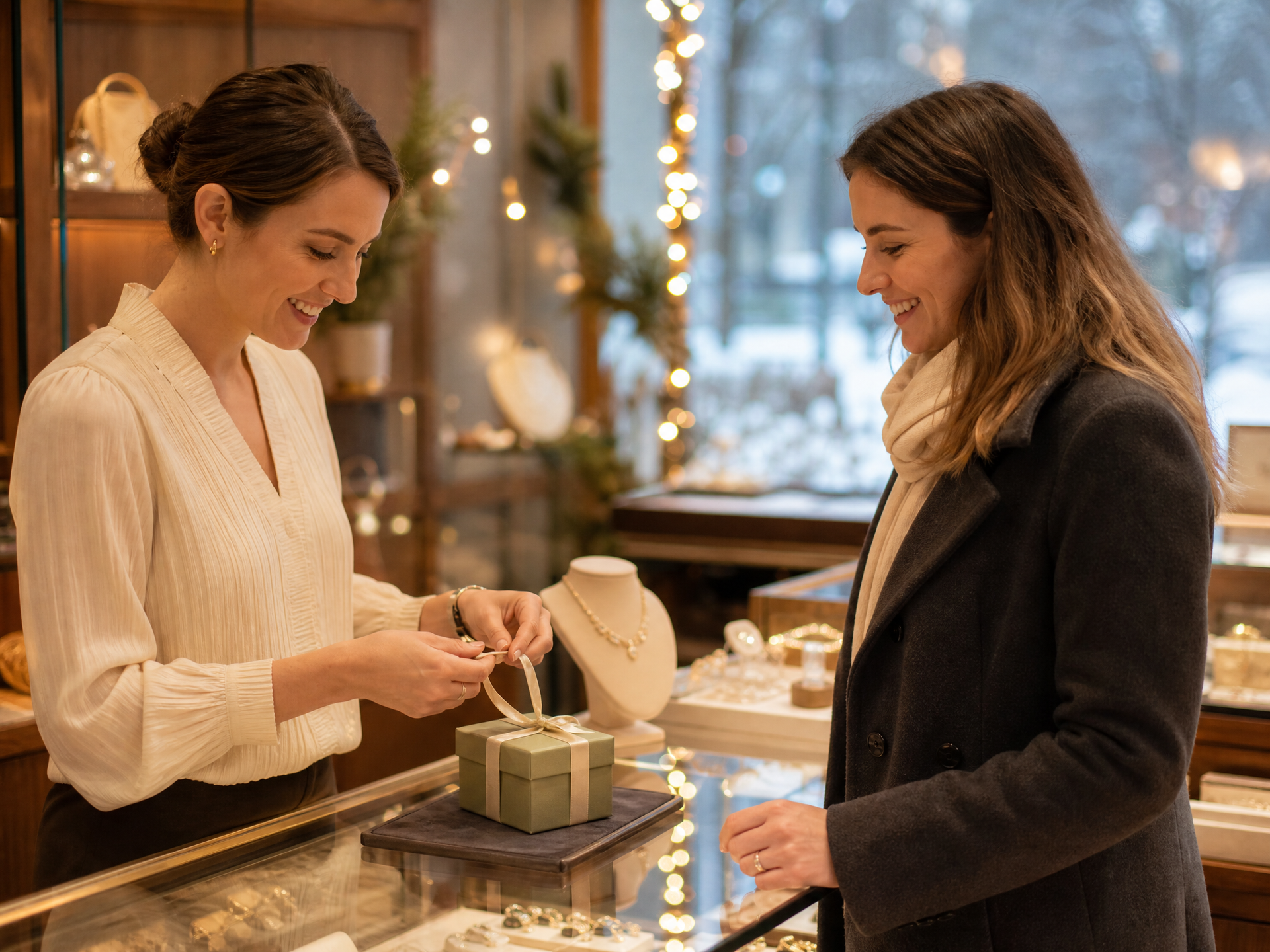 Jewelry store associate gift wrapping a customer's purchase at the counter during the holiday season