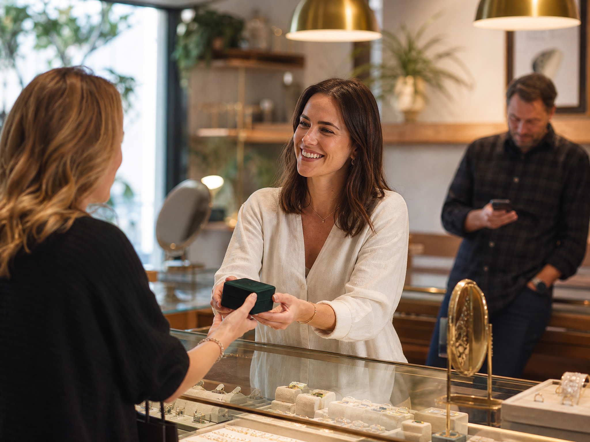 Jewelry store associate handing a customer a ring box while the store owner checks a phone in the background