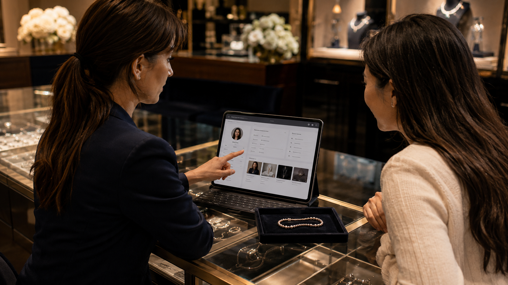 Jewelry sales associates reviewing a client's profile and purchase history on a tablet at the counter