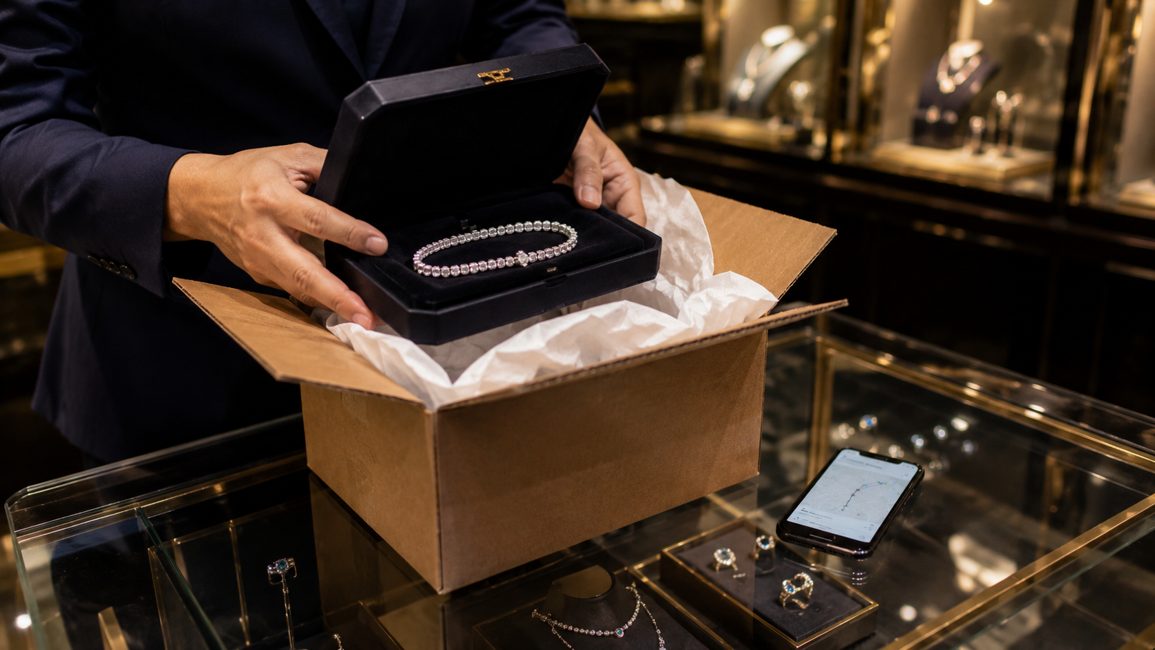 Jewelry associate packing a diamond tennis bracelet for shipment, with package tracking shown on a phone