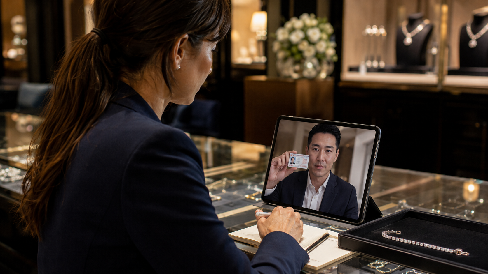 Jewelry store associate verifying a customer's identity on a live video call while he holds his ID beside his face