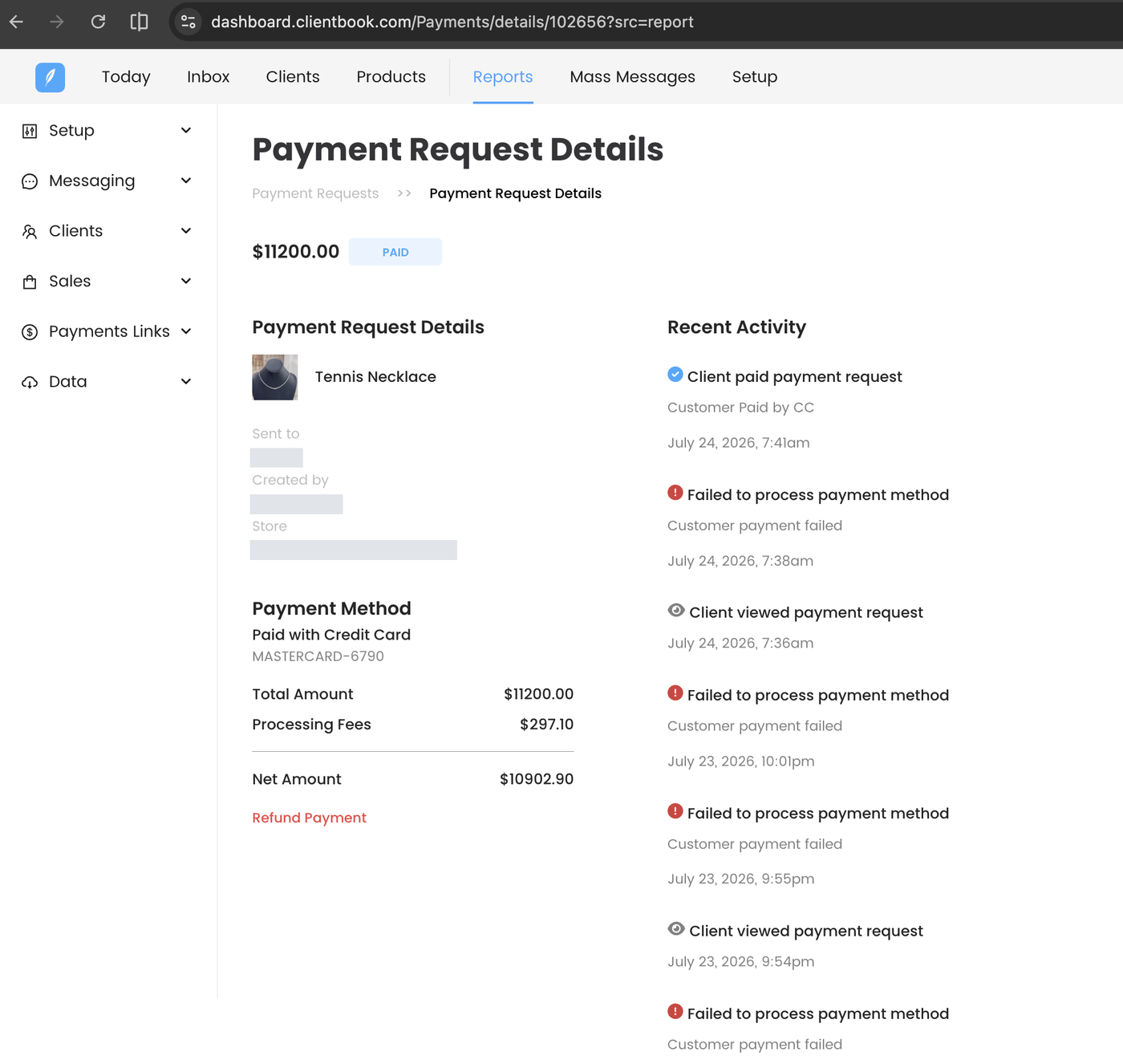 Payment request record showing repeated failed payment attempts followed by a successful charge, with store and client names redacted