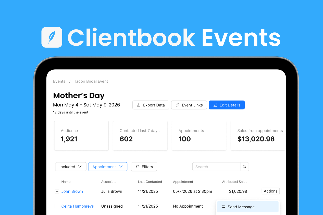 Clientbook Events dashboard showing invites sent, appointments booked, and attributed sales for a jewelry store event
