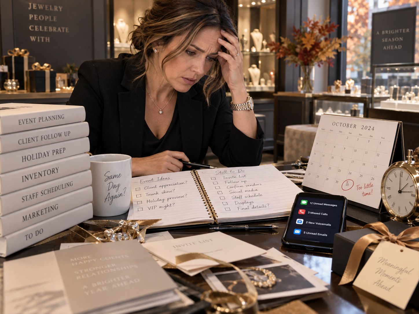 Stressed jewelry store owner at her desk in October with an unfinished event to-do list, a calendar circled 'too little time,' and a phone full of unread messages