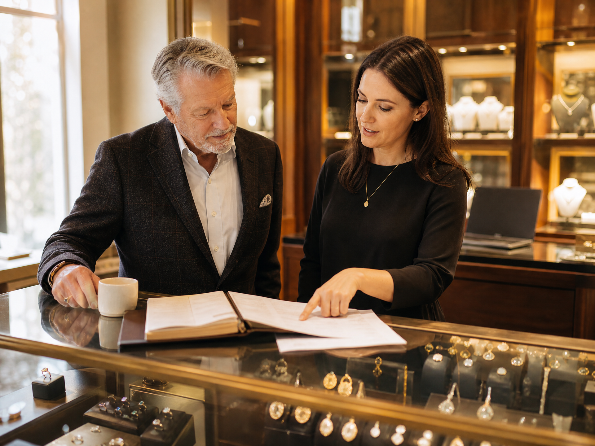 Jewelry store owner and sales associate reviewing a client list together at the display counter before opening