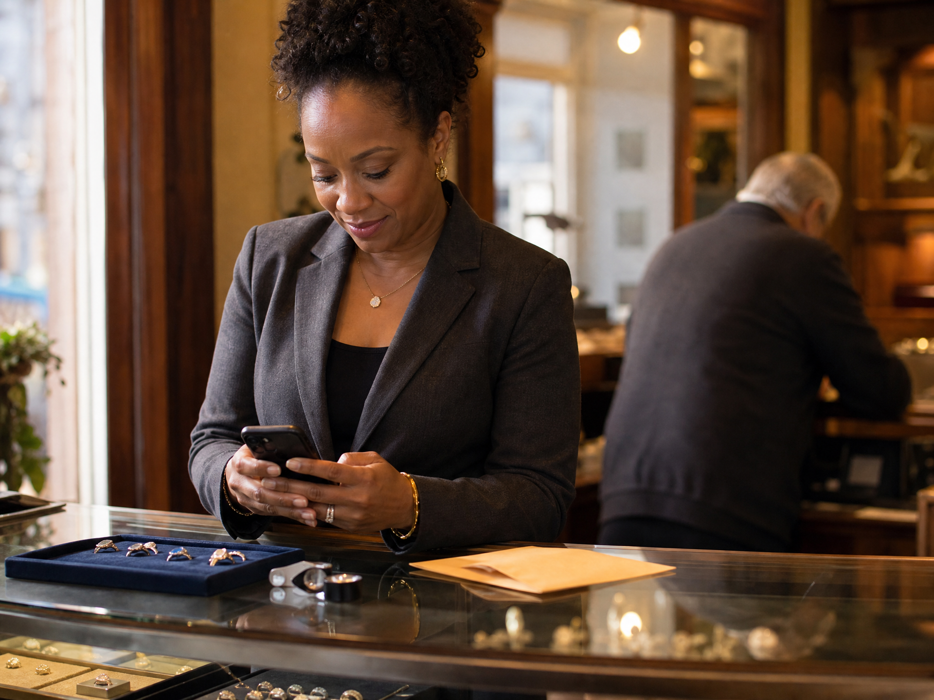 Jewelry sales associate texting a customer from behind the display counter while a colleague helps a shopper