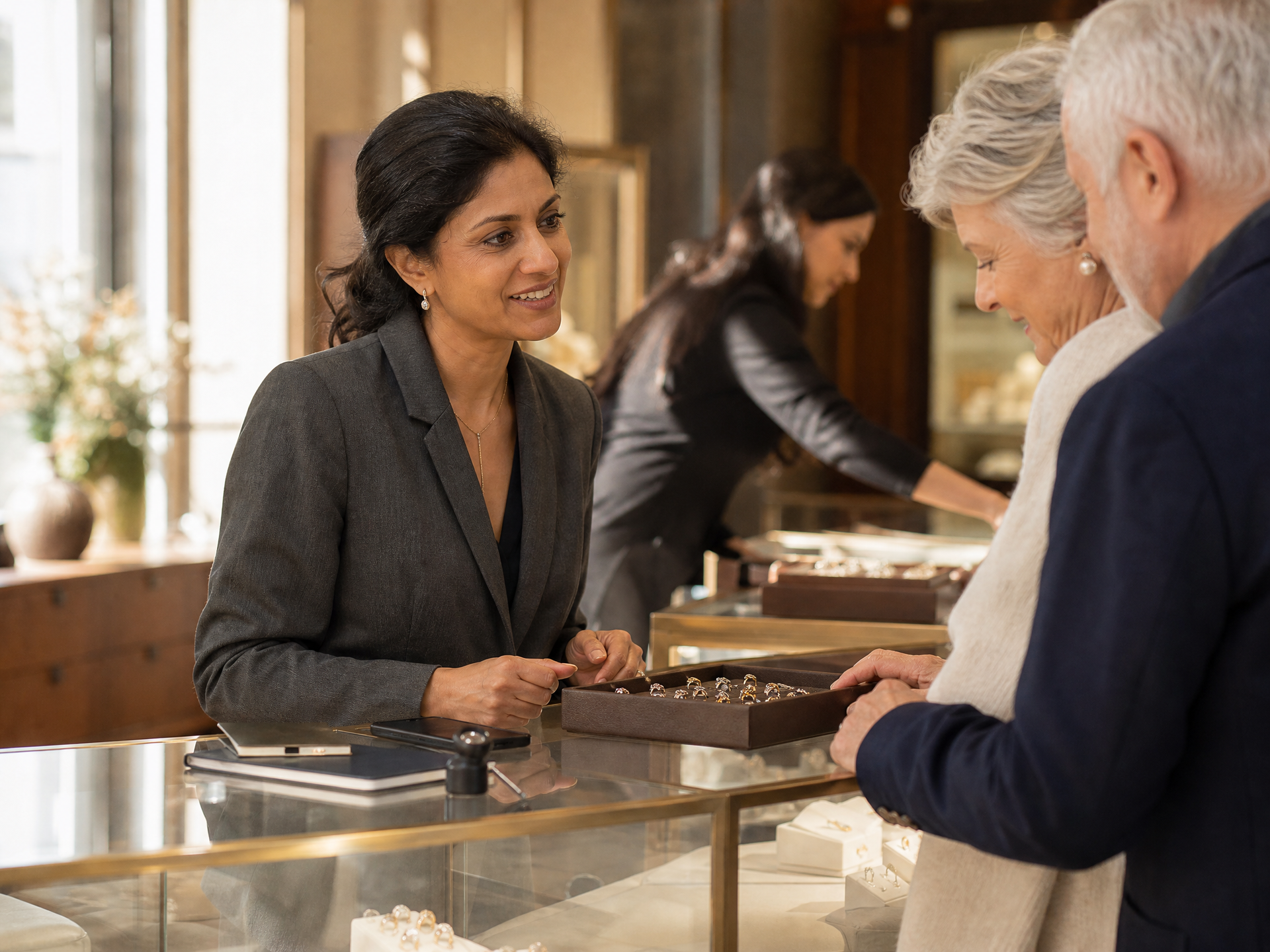 Jewelry store associate presenting a tray of rings to a couple at the counter