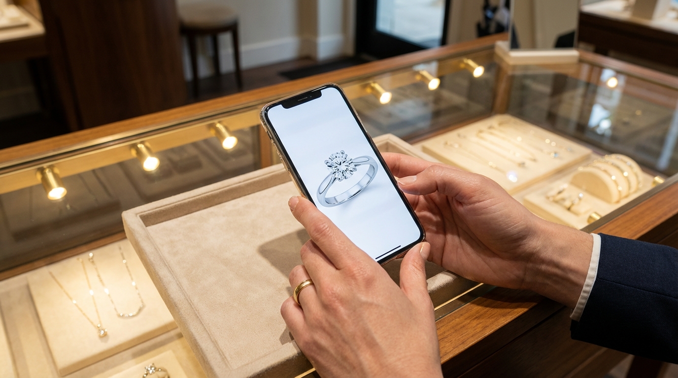 Jewelry sales associate sharing a brand catalog image with a customer by text