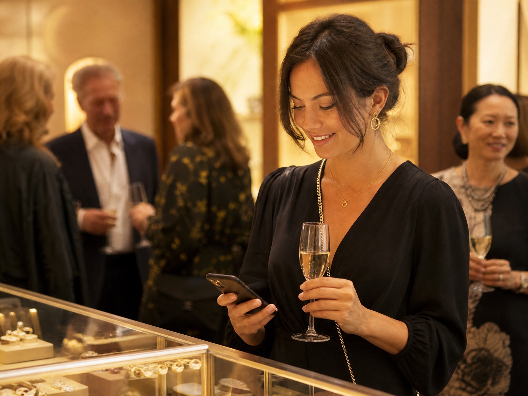 Guest checking a text on her phone while holding champagne at an evening jewelry store trunk show