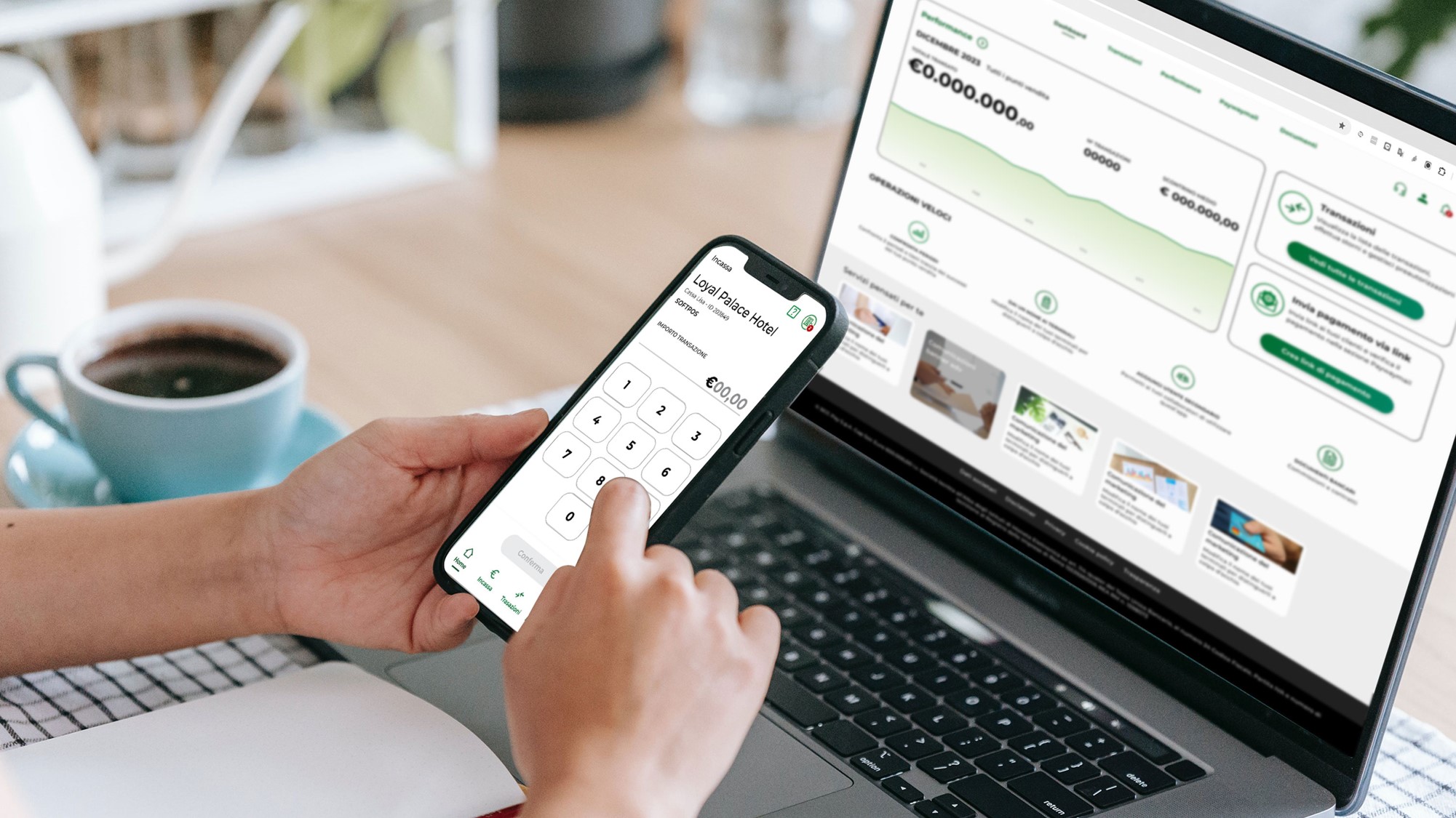 Mockup showing BCCPOS mobile app  and merchant web portal desktop view