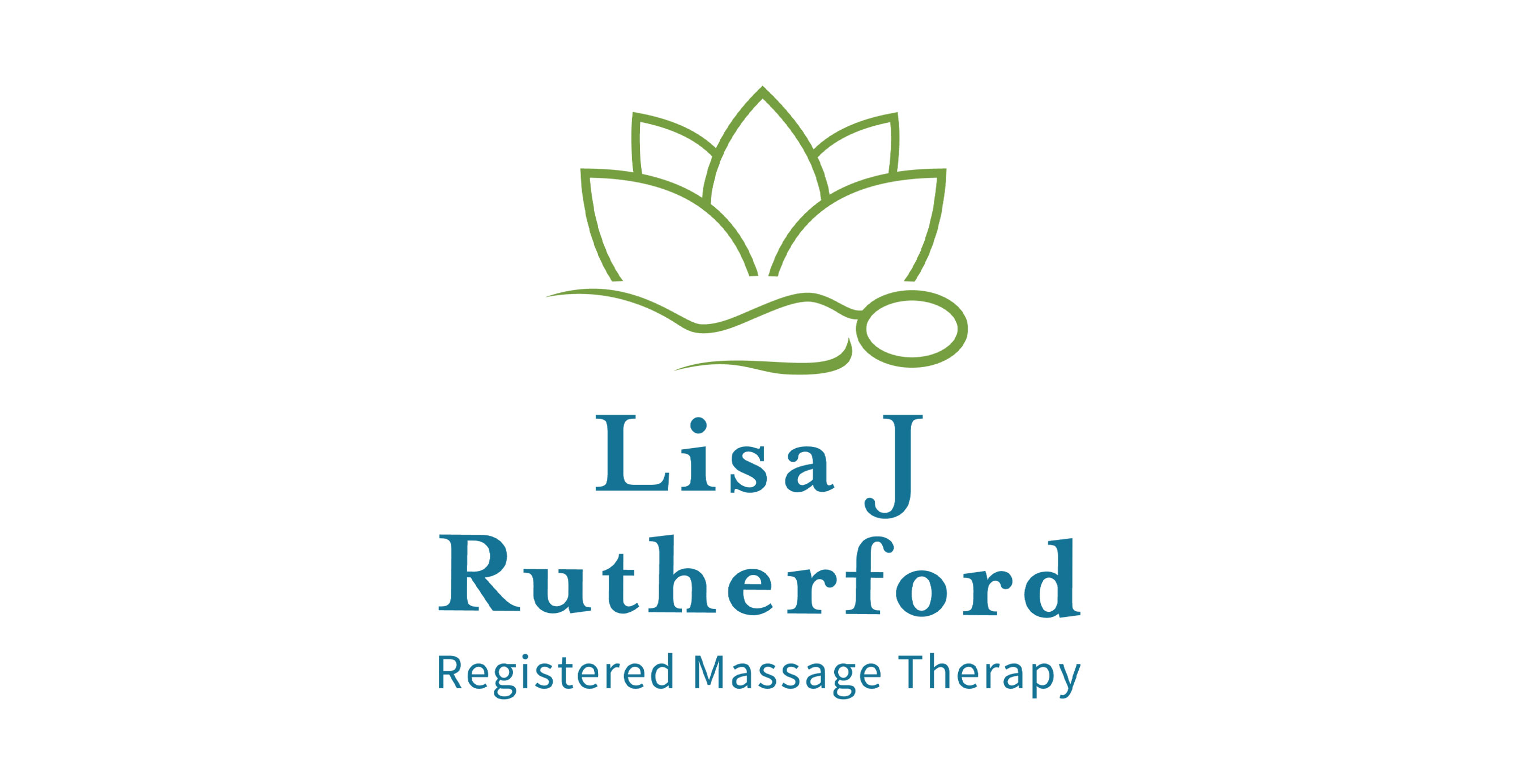 Logo for Lisa J Rutherford Registered Massage Therapy featuring a stylized green lotus flower above a minimal line drawing of a person lying down, with the name 'Lisa J Rutherford' in teal blue serif font and the tagline 'Registered Massage Therapy' below.