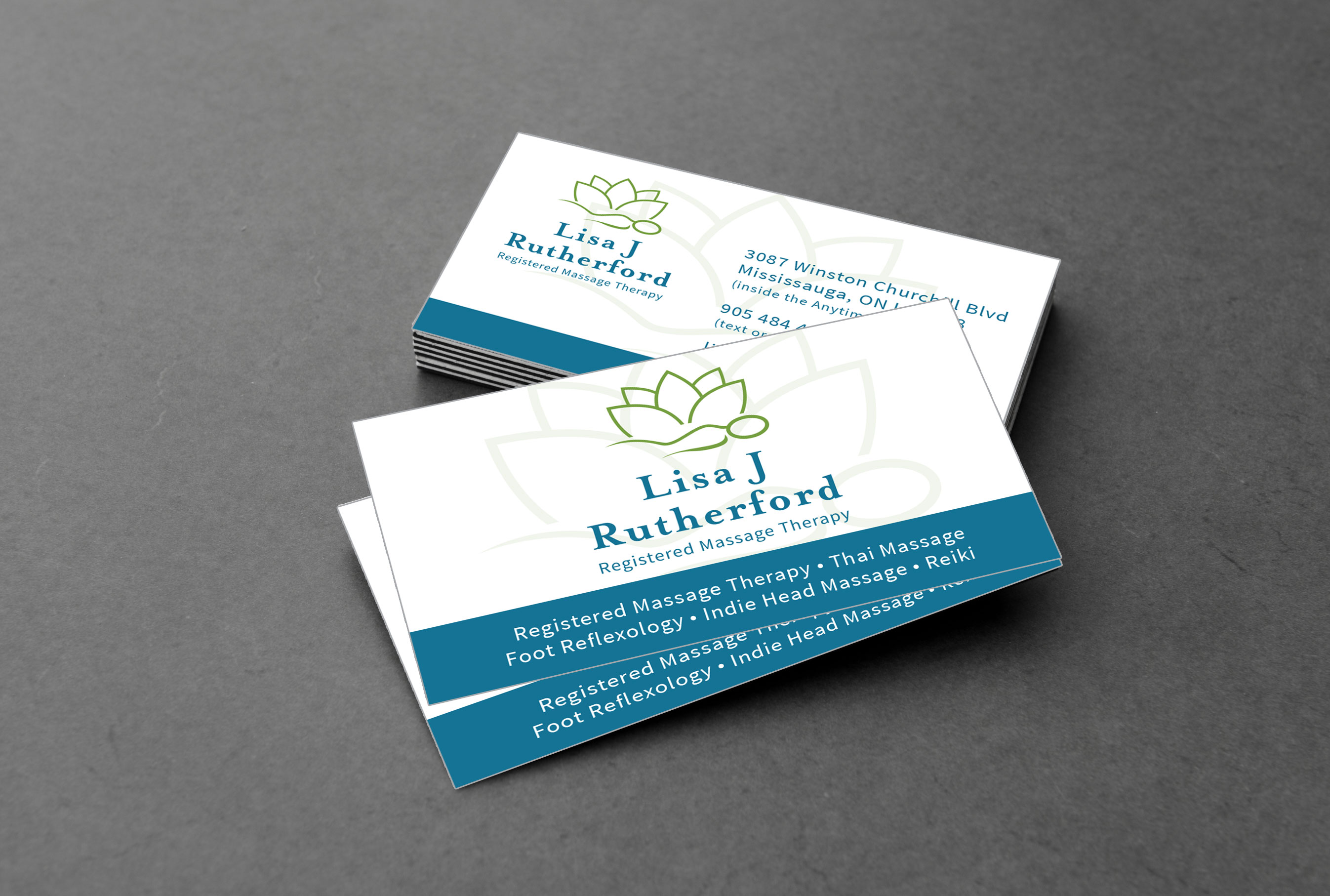 Stack of business cards for Lisa J Rutherford Registered Massage Therapy, featuring a green lotus and person logo, with contact details and services listed, including Thai Massage, Foot Reflexology, Indie Head Massage, and Reiki. The design includes a clean white background with teal accents and modern typography.