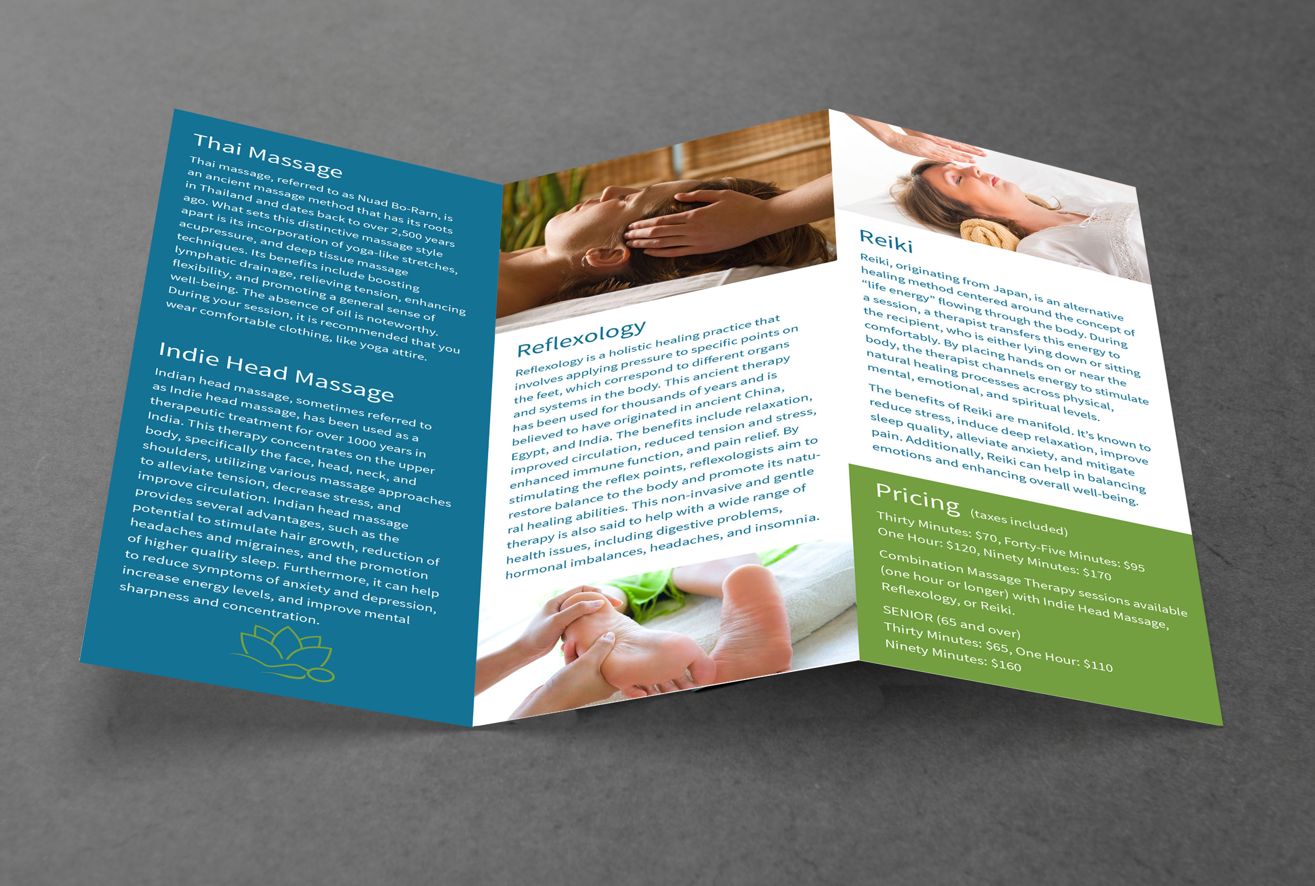 Tri-fold brochure for Lisa J Rutherford Registered Massage Therapy laid open on a grey surface. The brochure details services such as Thai Massage, Indie Head Massage, Reflexology, and Reiki, alongside descriptions and benefits of each therapy. It also includes pricing for standard and senior sessions, with two small photos—one showing a head massage and the other a foot reflexology session.