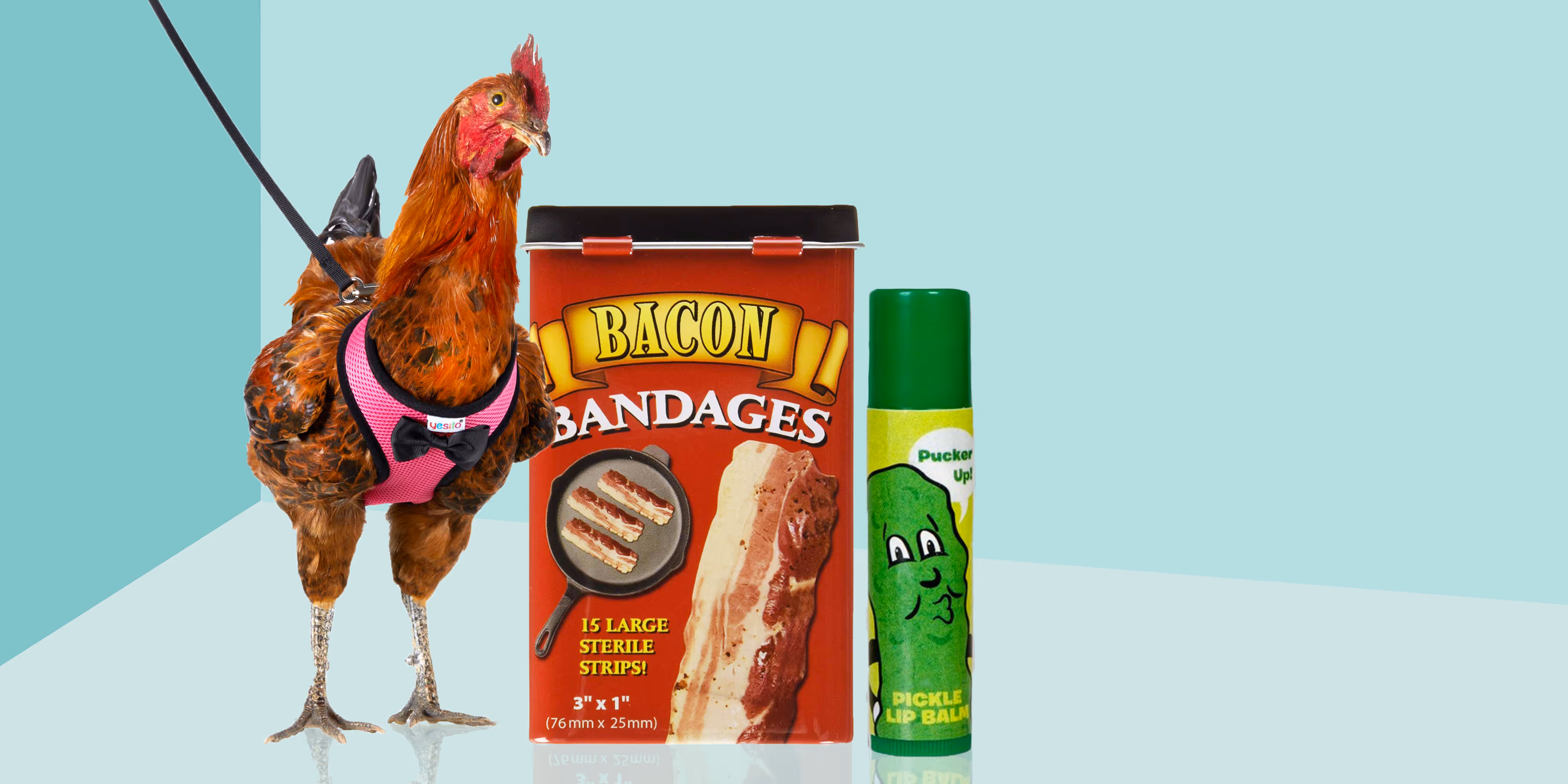 A picture of a chicken harness, bacon bandages, and pickle lip balm
