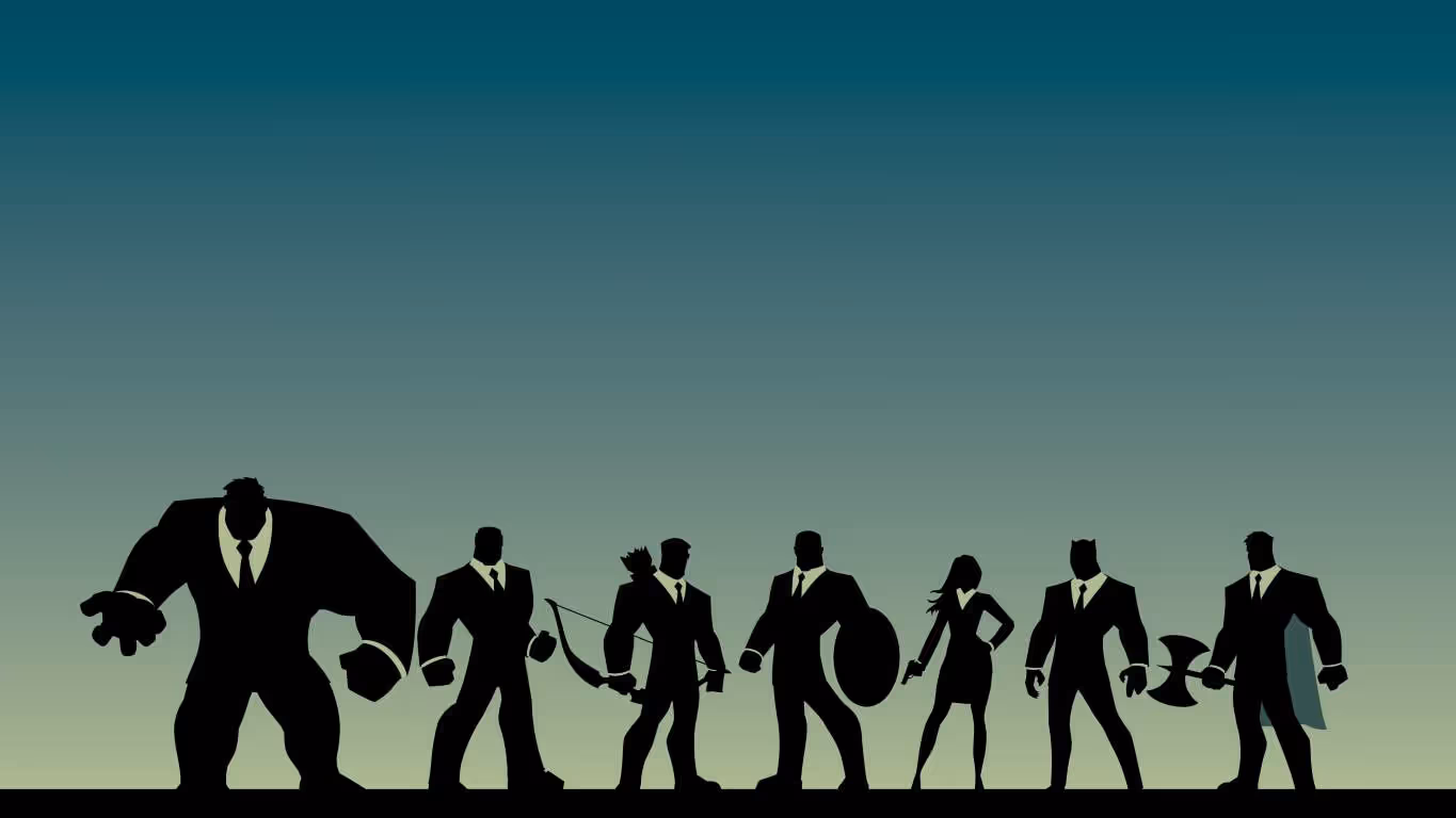 Silhouettes of the Avengers wearing suits.
