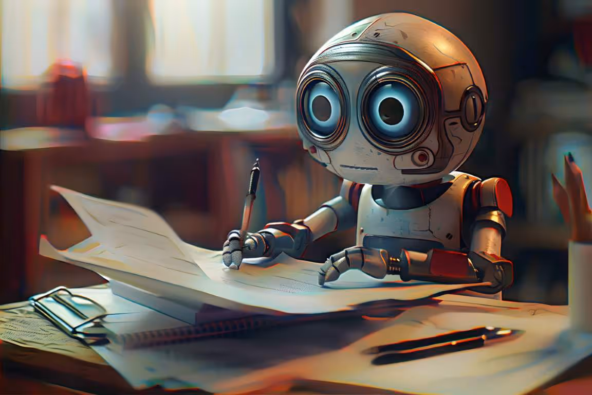 A robot at a desk trying to write with pen and paper.