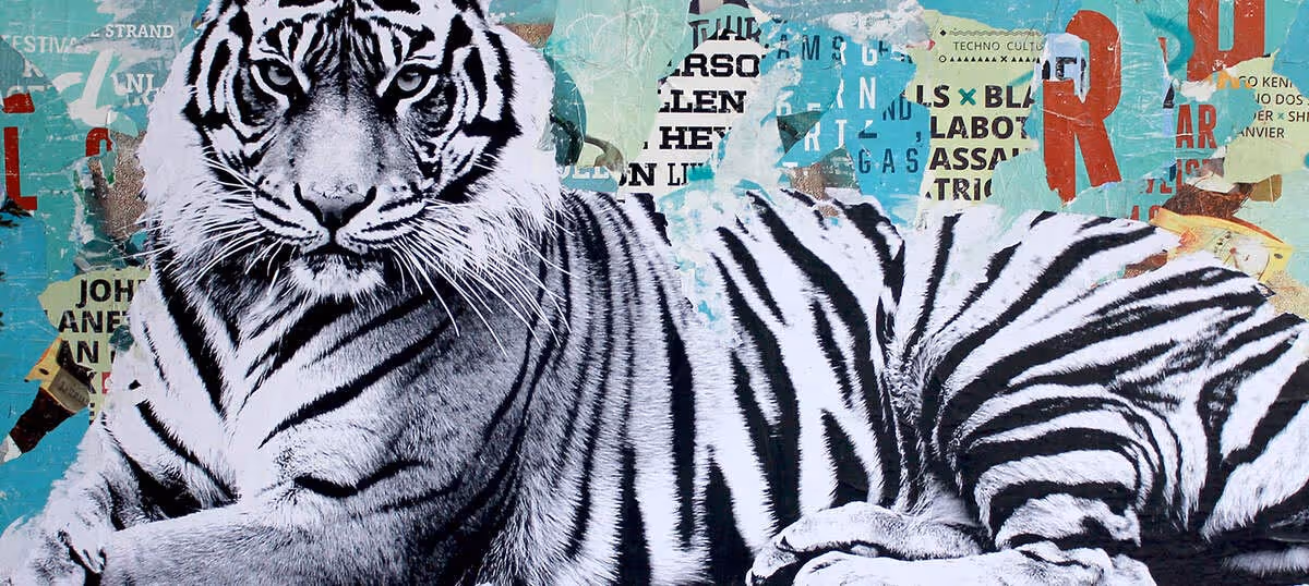 Mixed-media art with a white tiger