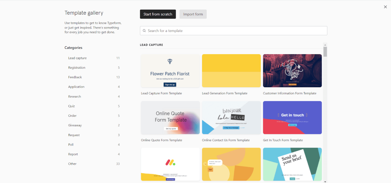Typeform's template gallery