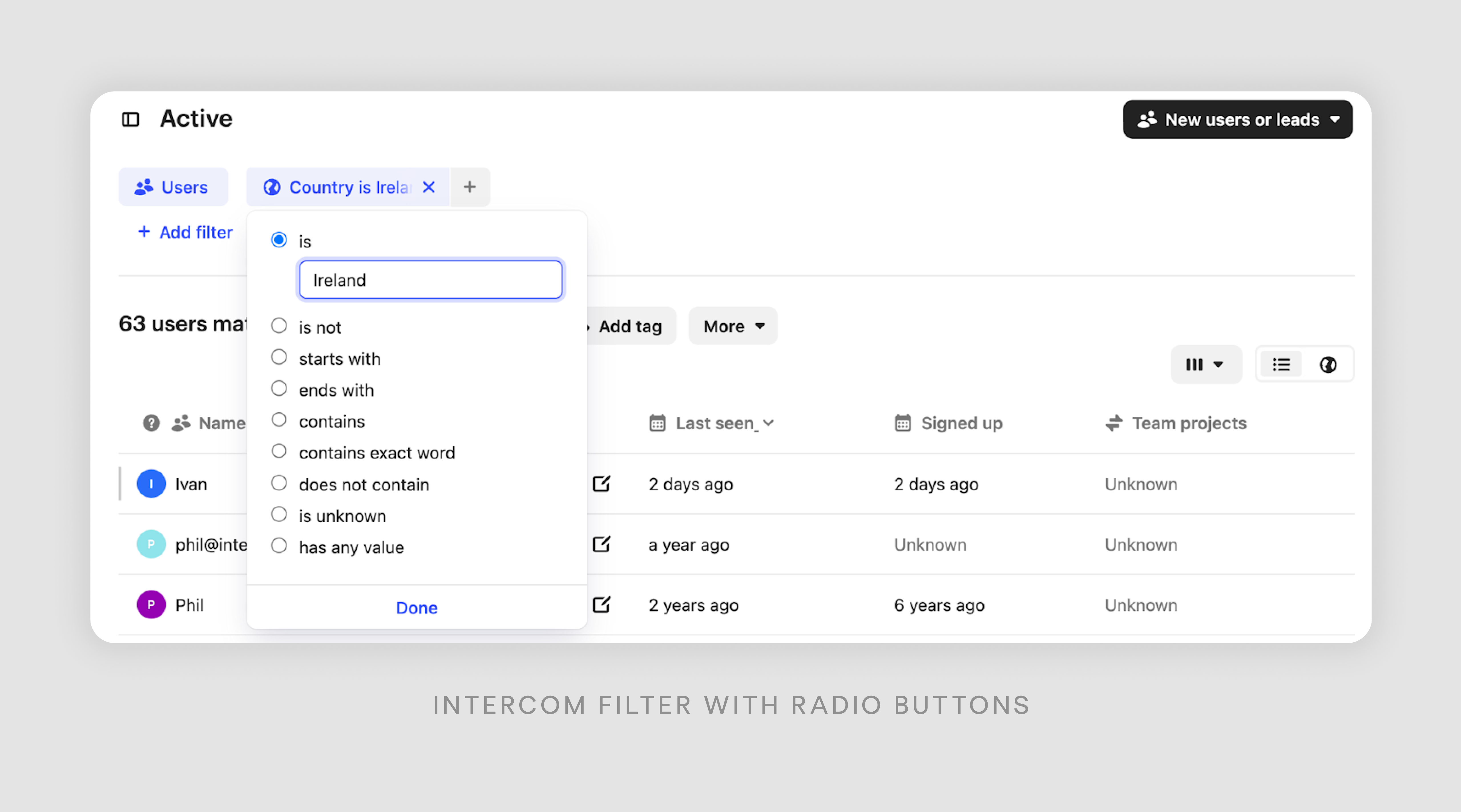 Intercom filter with radio buttons