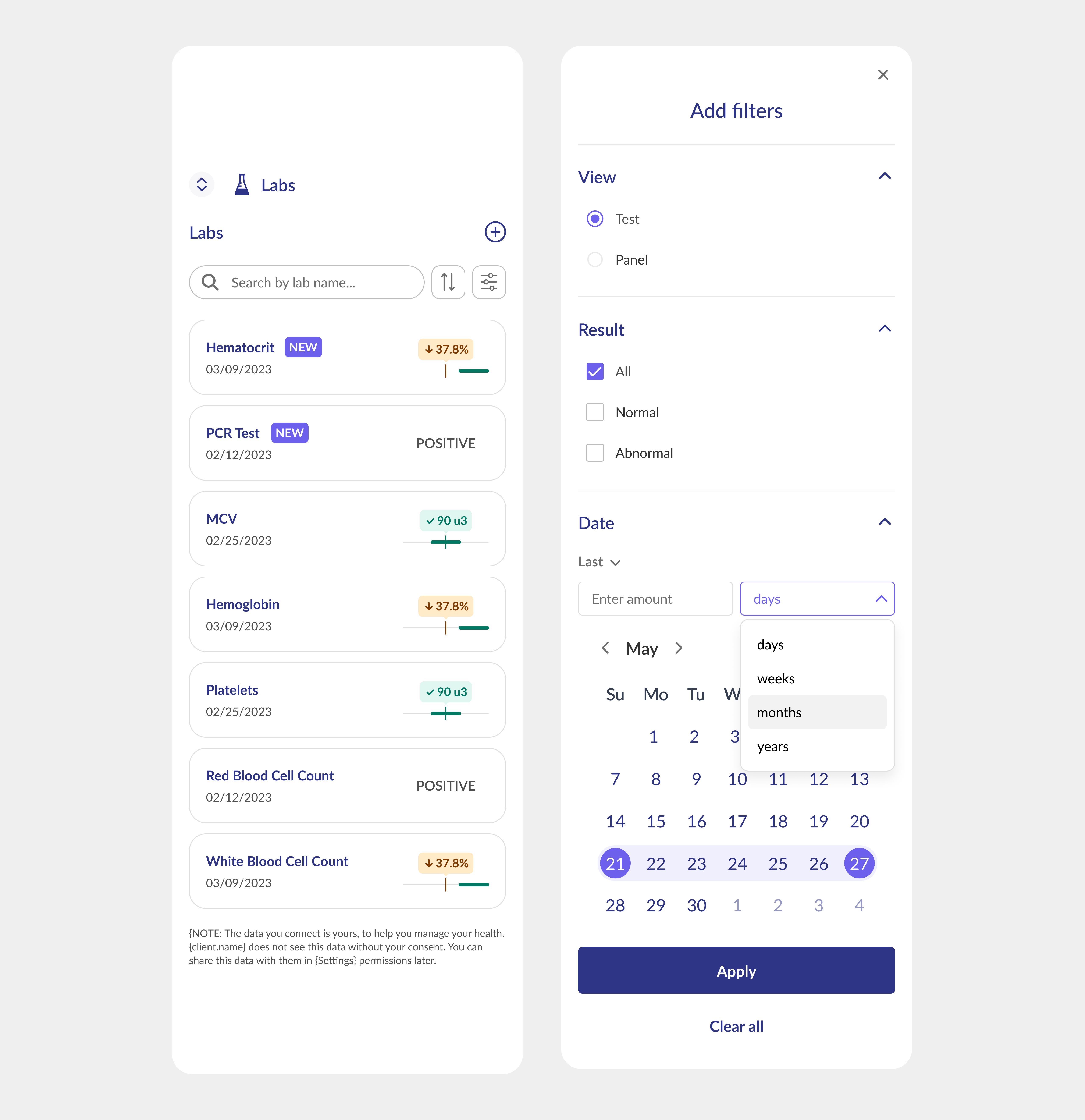 Filter UX and UI  of a test results page that allows to filter by view, by results, and by date