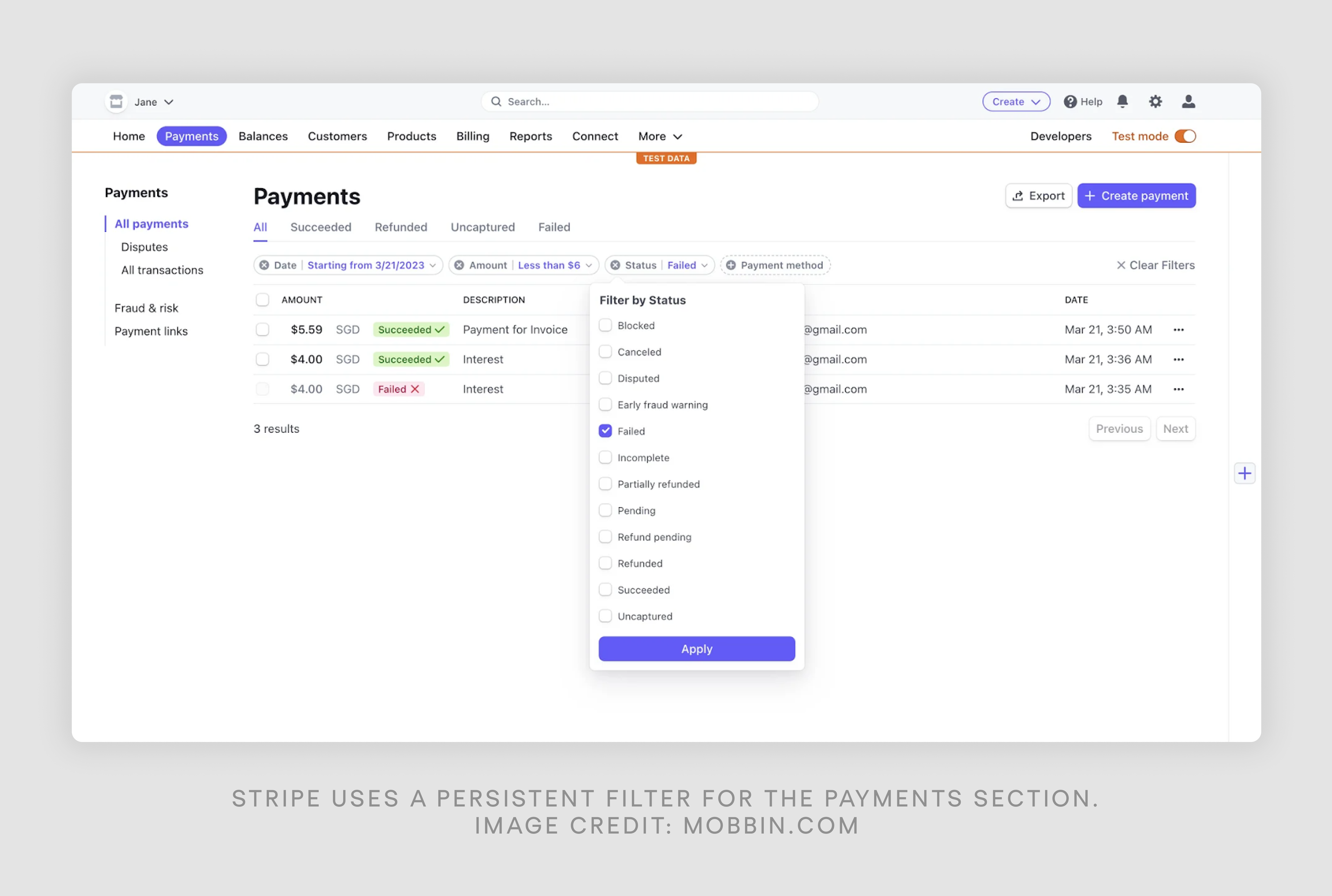 stripe filter UX example