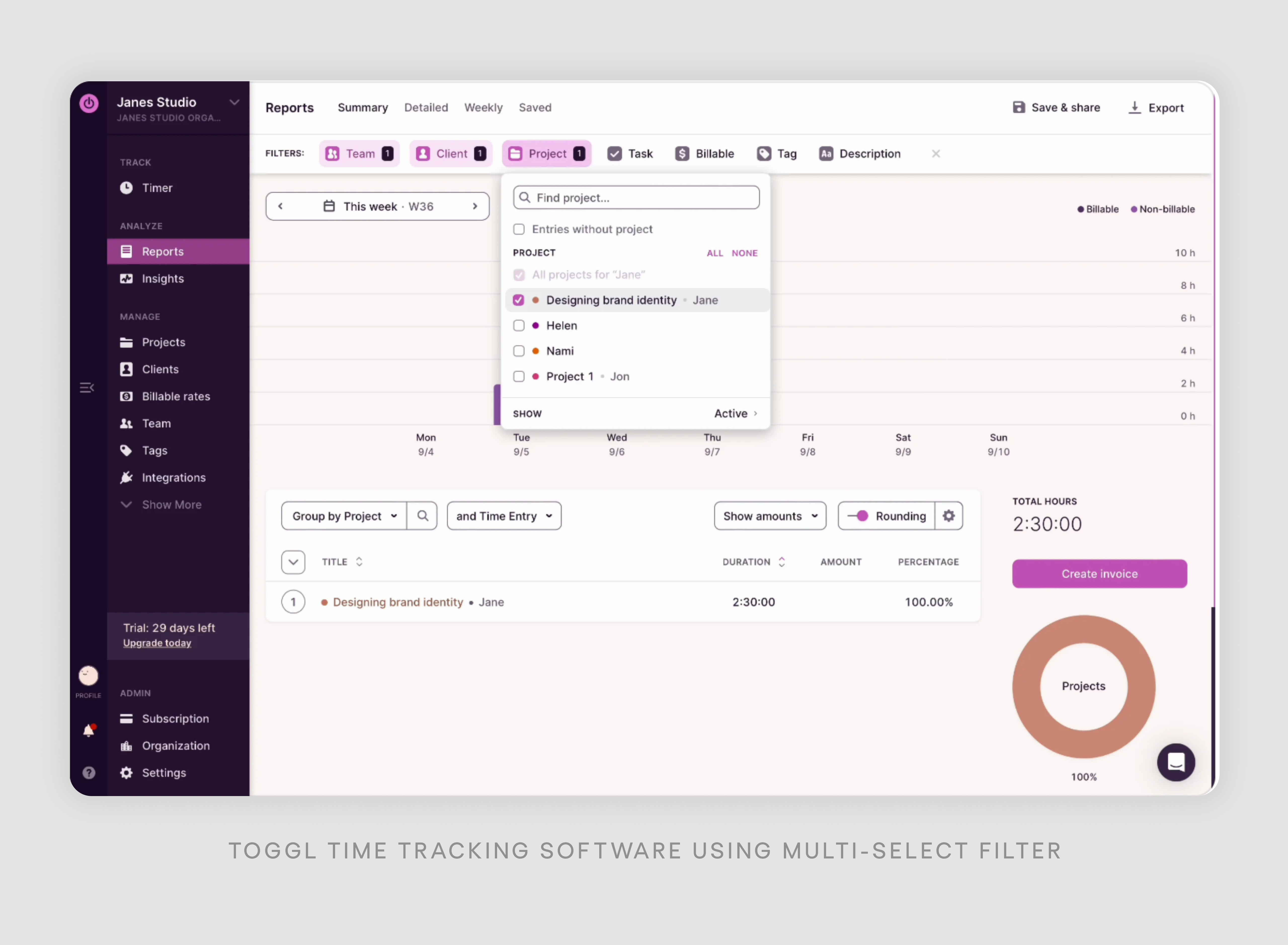 Toggl time tracking software using multi-select filter