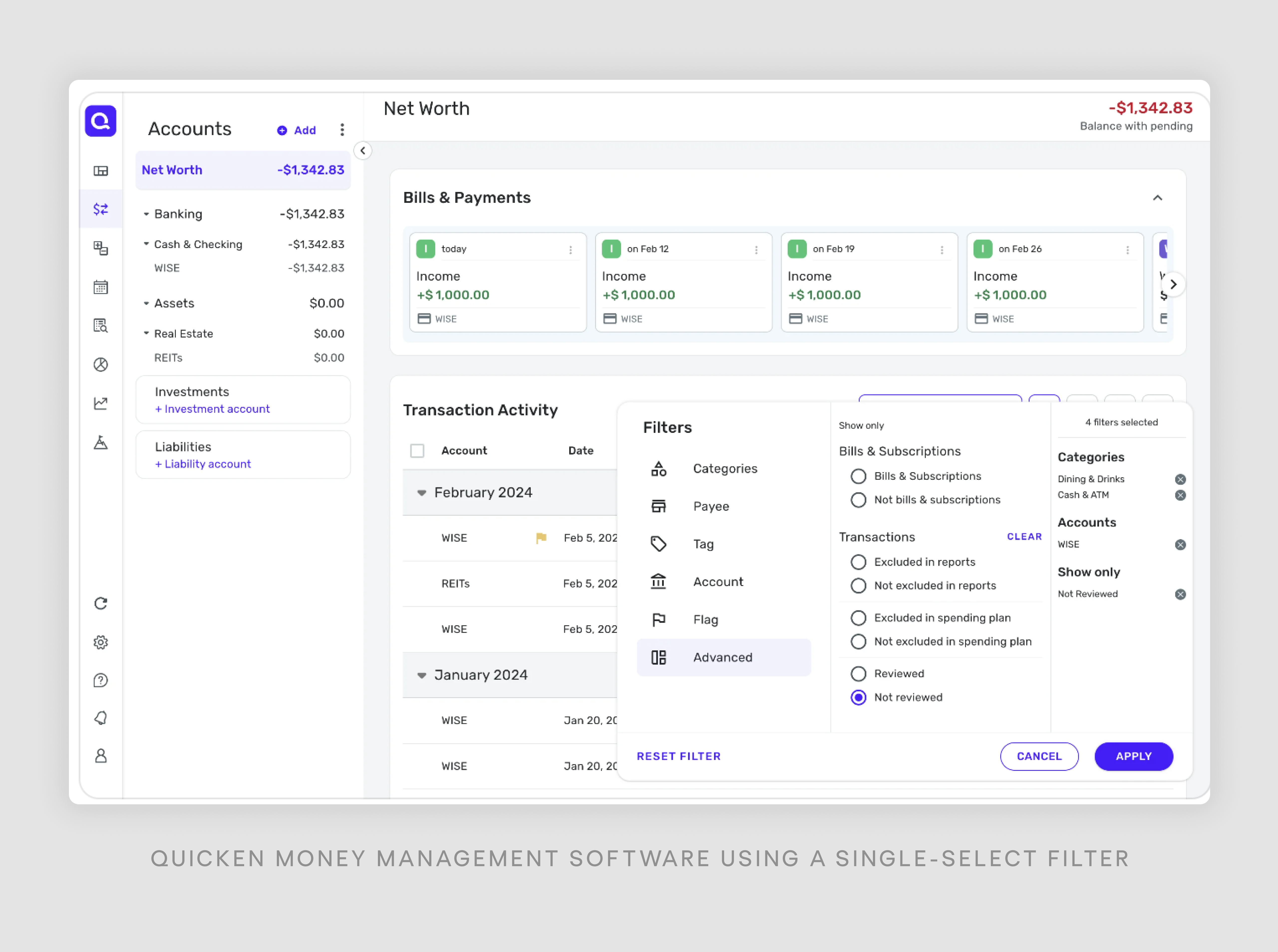 single-select filter example by Quicken