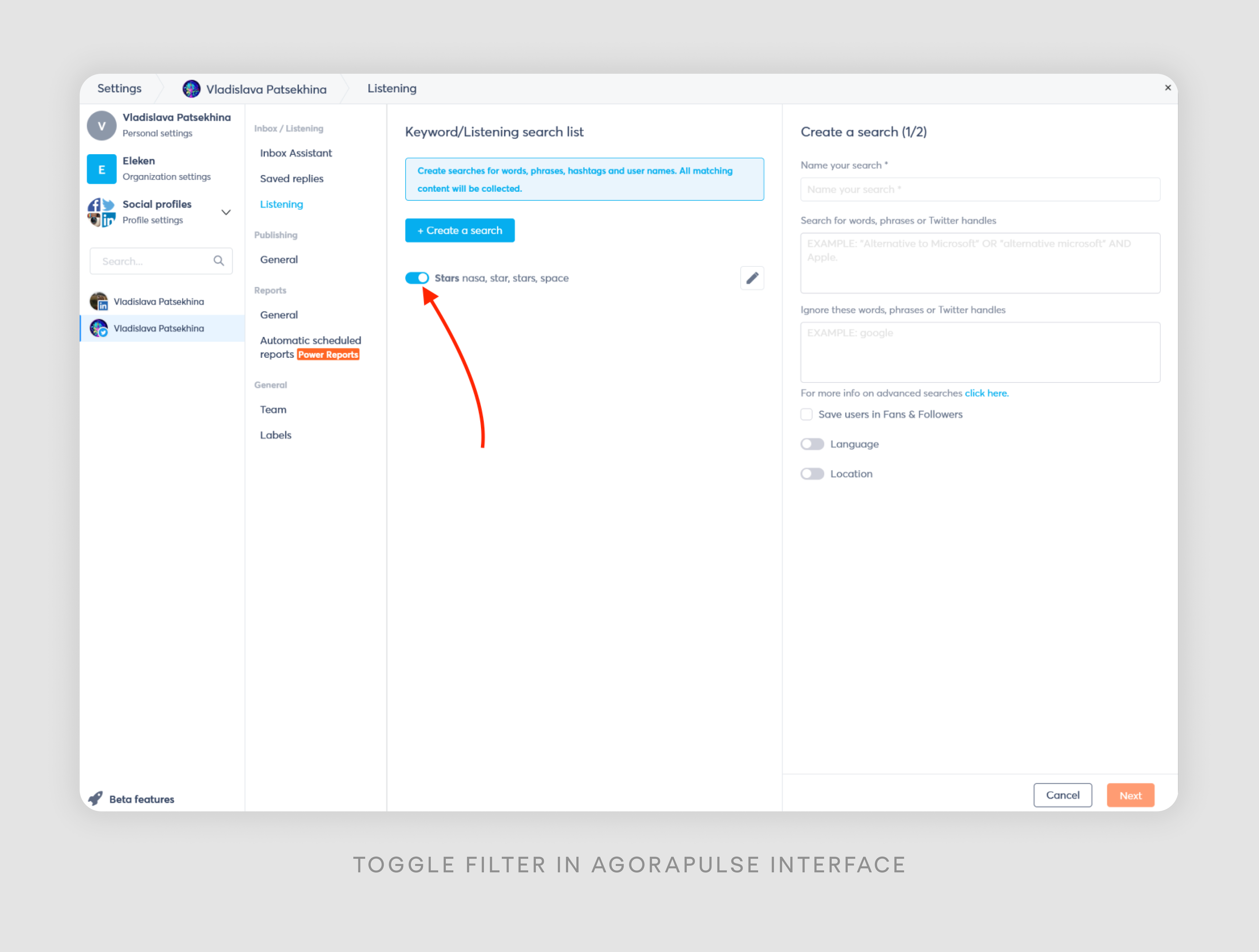 Toggle filter in AgoraPulse interface example