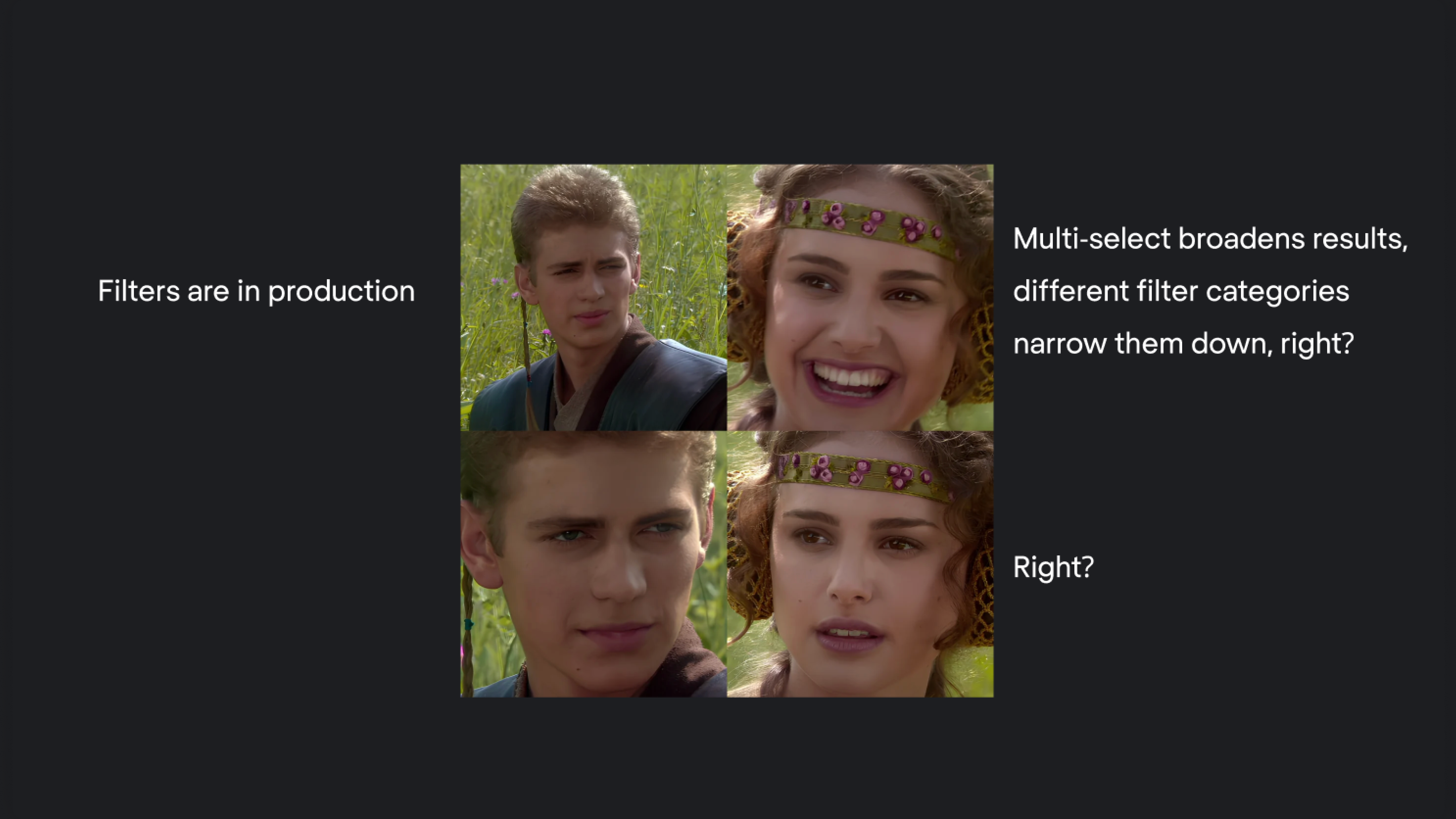 A humorous meme illustrating the irony of multi-select broadens filters in production