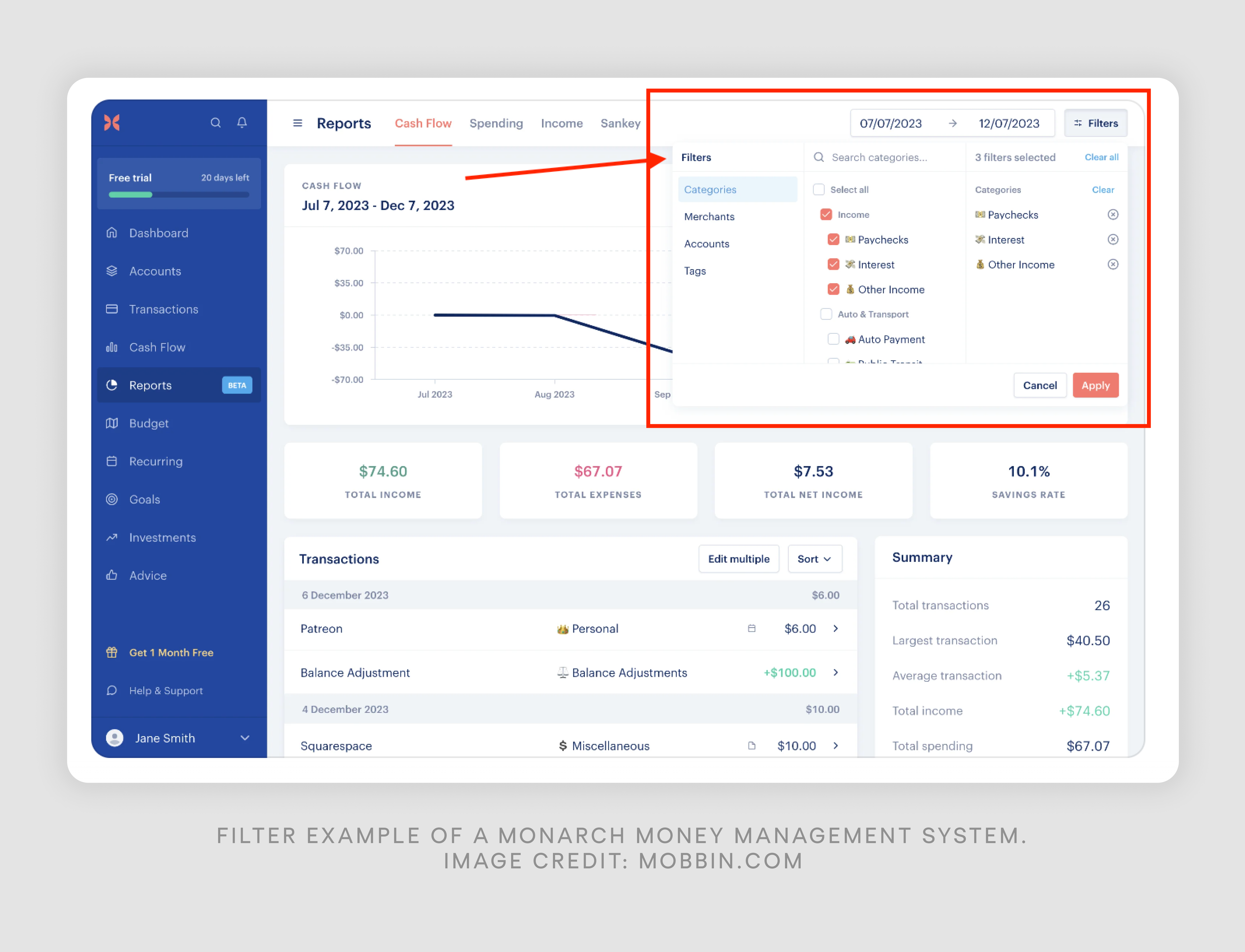 Filter UX example of a Monarch money management system. 