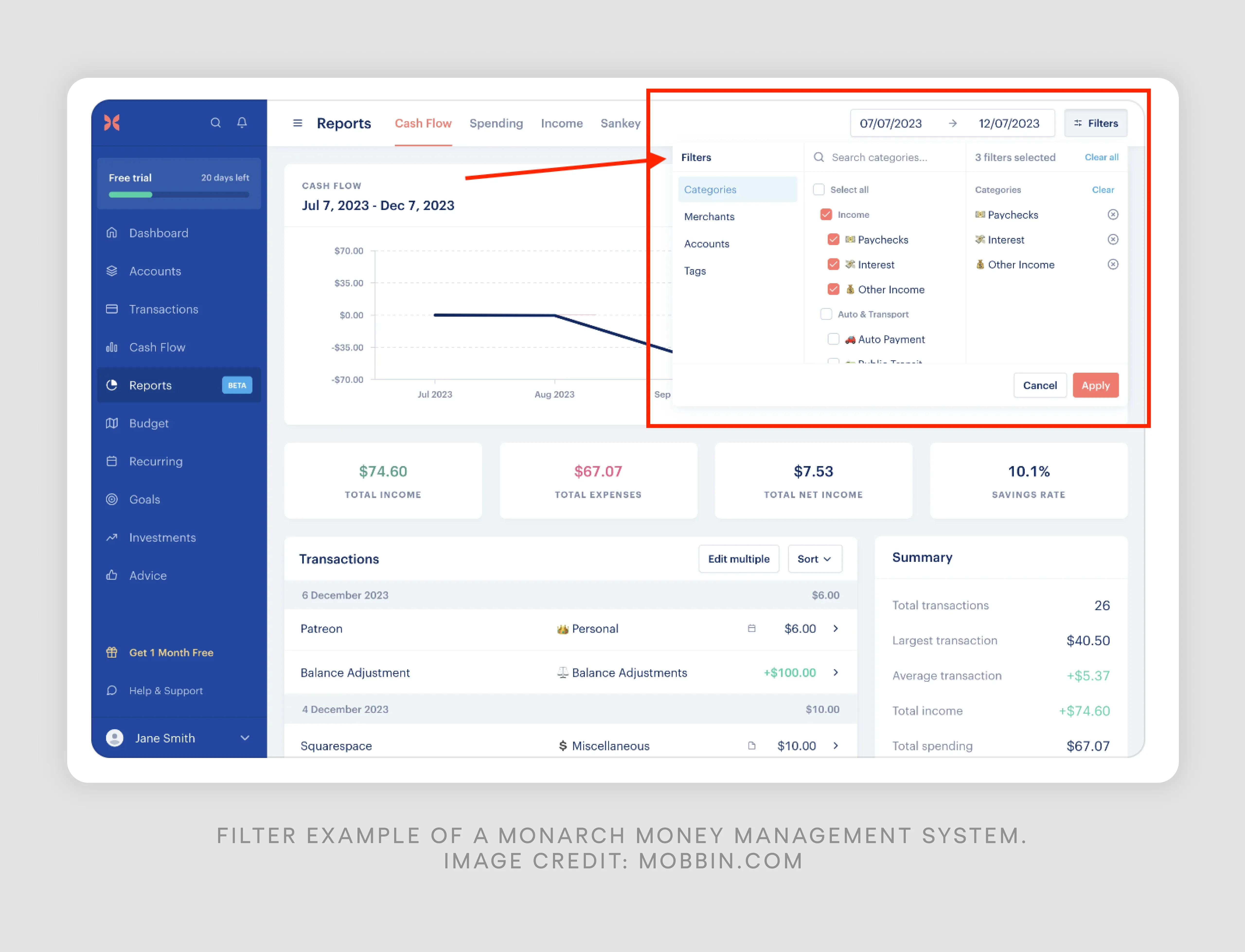 Filter UX example of a Monarch money management system.