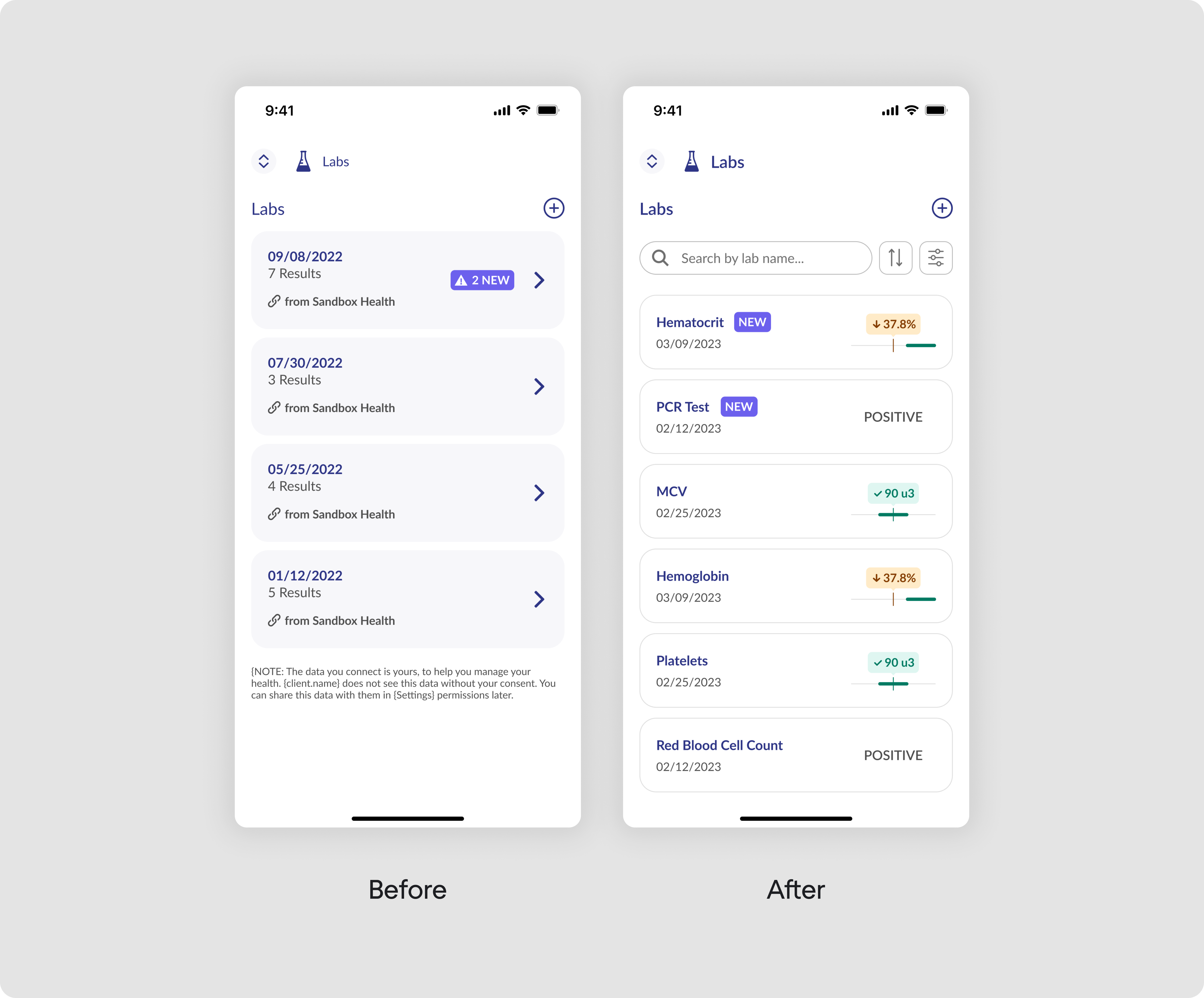 page of a healthcare platform that contains test results in a form on table with no filtering option to the right, and the same page redesigned by Eleken with search and filter options 