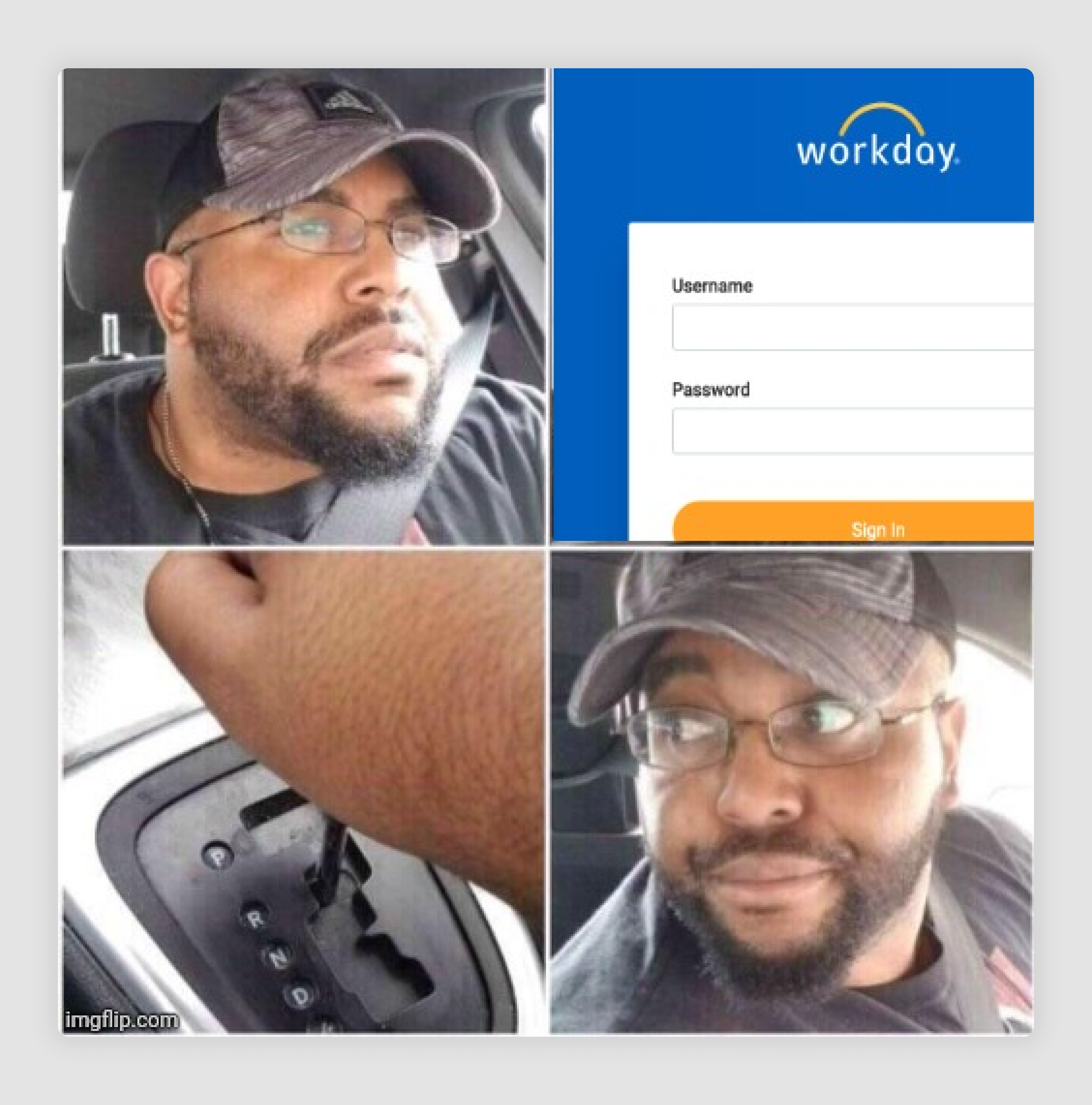 Workday UX fails meme that represents how I handle job applications through Workday by showing a man simply deciding to drive away when seeing workday job application. 