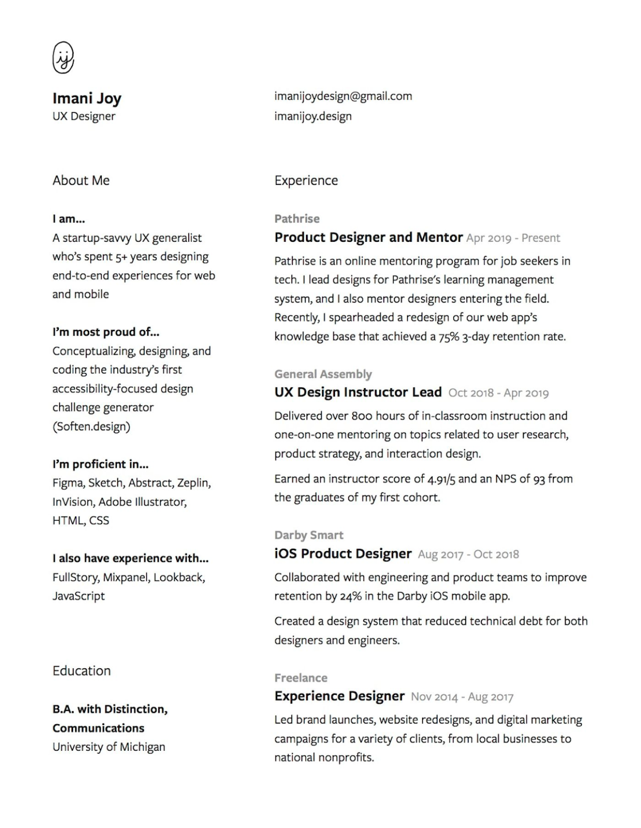 black and white design resume example for UX designer