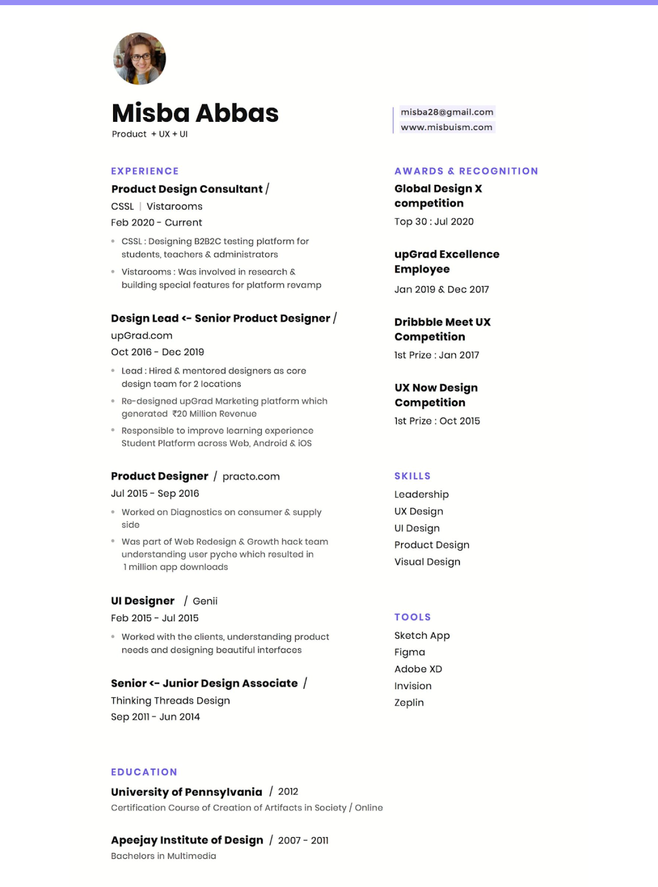 product designer resume with skills and tools