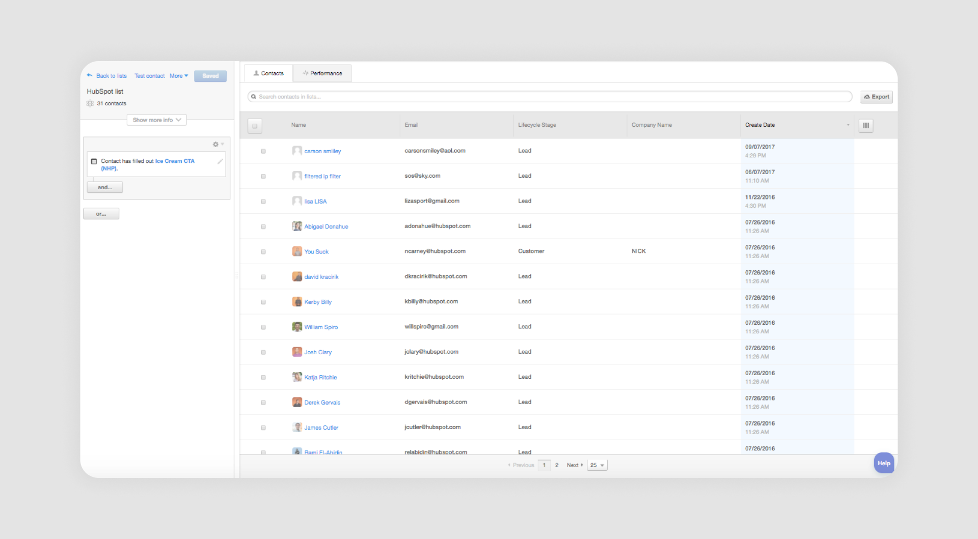 Screenshot of HubSpot interface displaying lead and contact lists