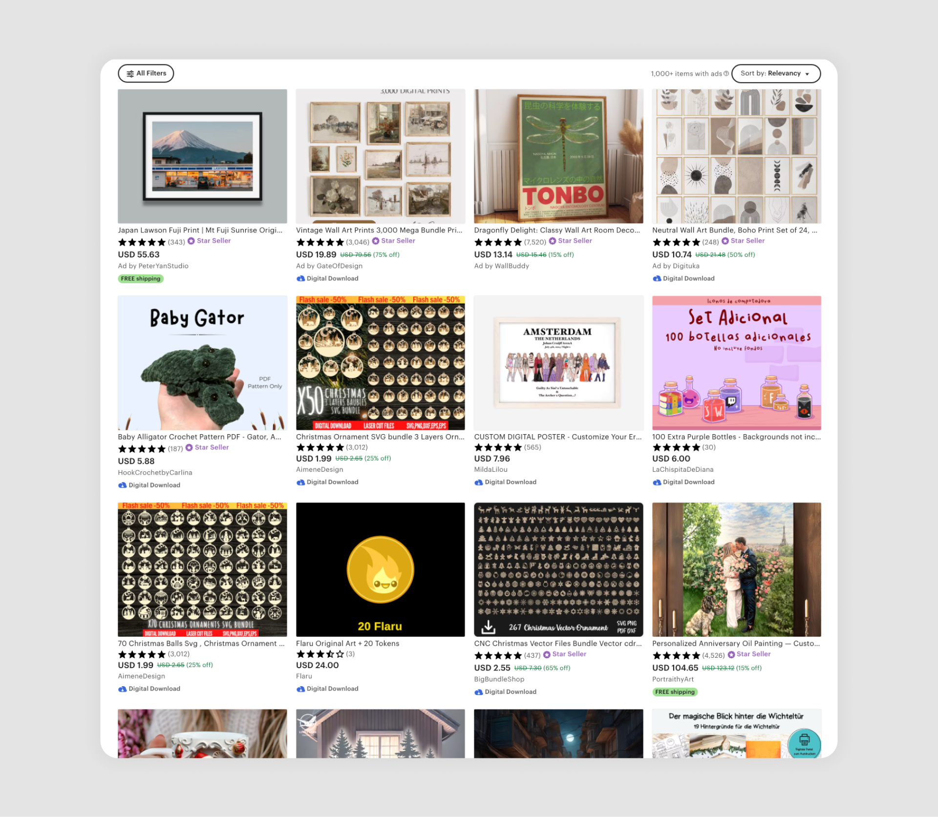 Grid-style image list showcasing various products with corresponding photos, prices, and seller ratings, typical of an Etsy marketplace layout