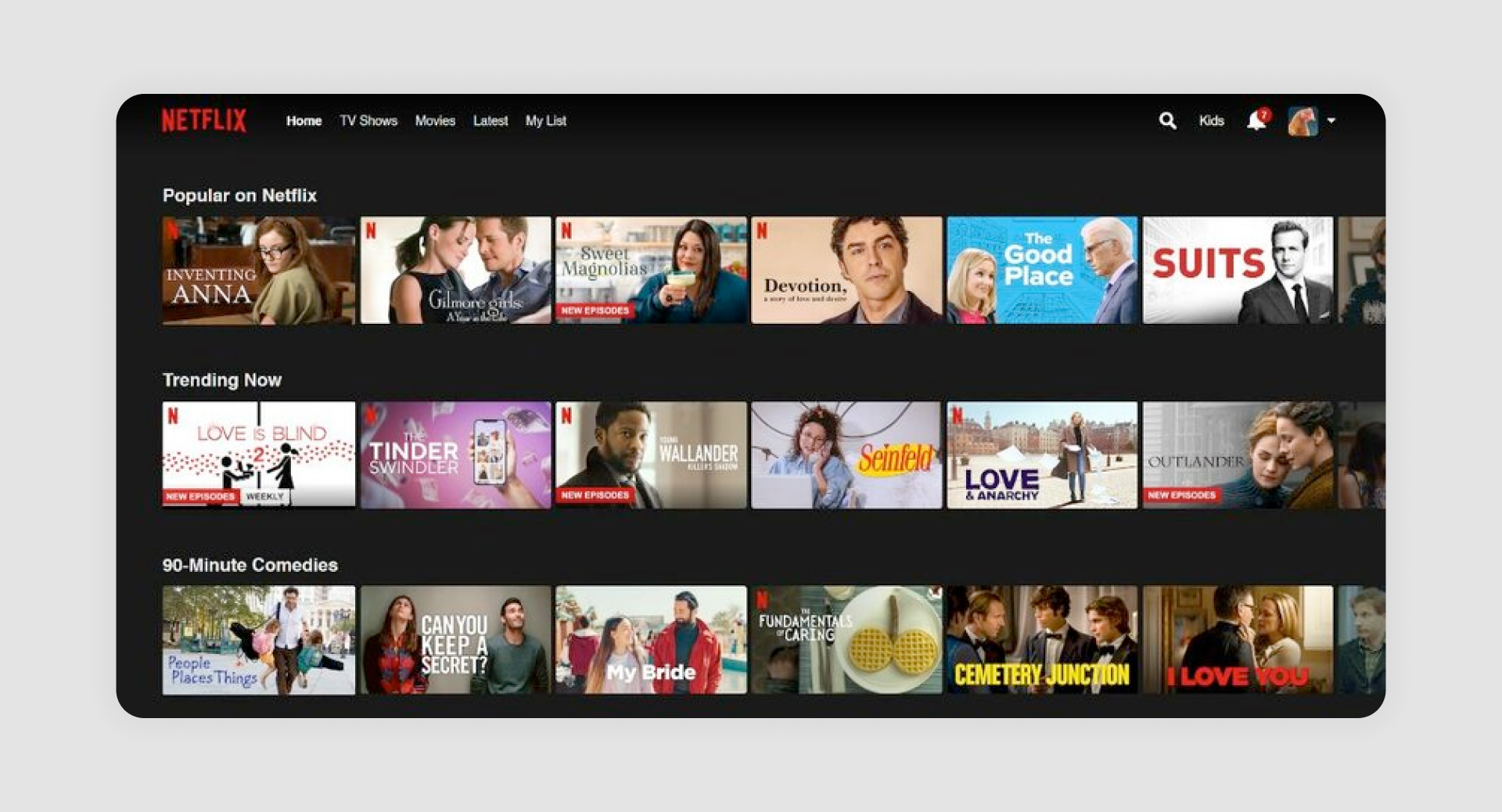 Screenshot of Netflix's user interface displaying horizontal scrolling lists of titles